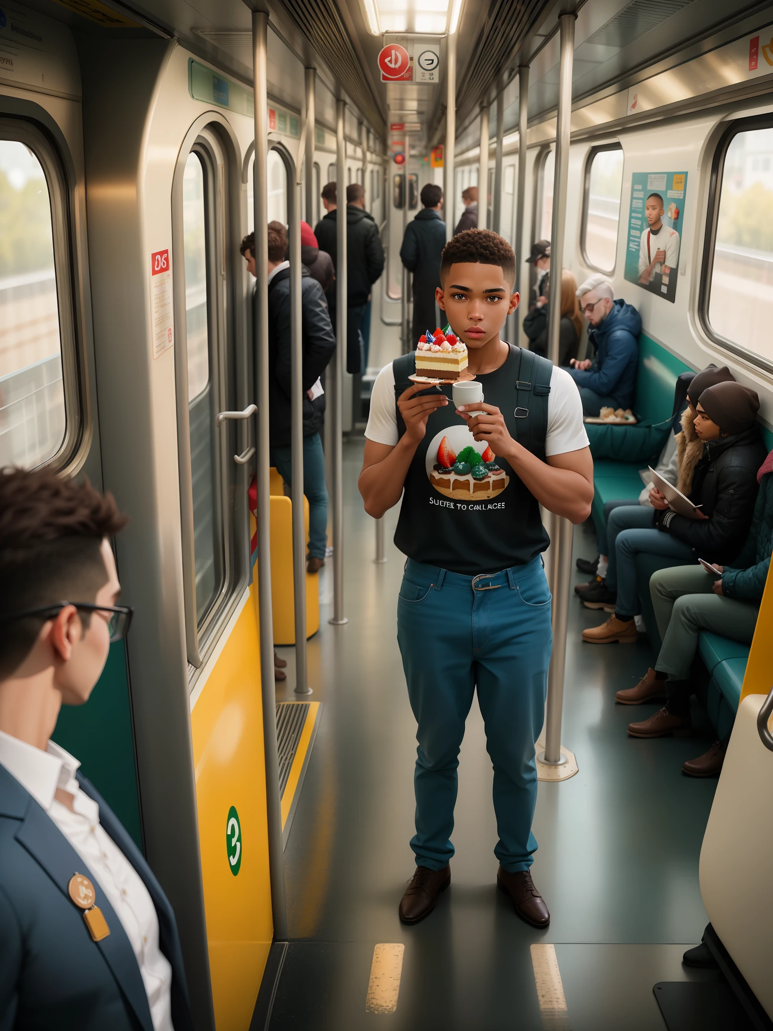 there is a man standing in a train holding a slice of cake, in a train, shot on sony a 7 iii, man looks out of a train window, by Marshall Arisman, photo still, cool marketing photo, photo in style of tyler mitchell, by Jakob Gauermann, advertising photo, shot on leica sl2, on a dark background