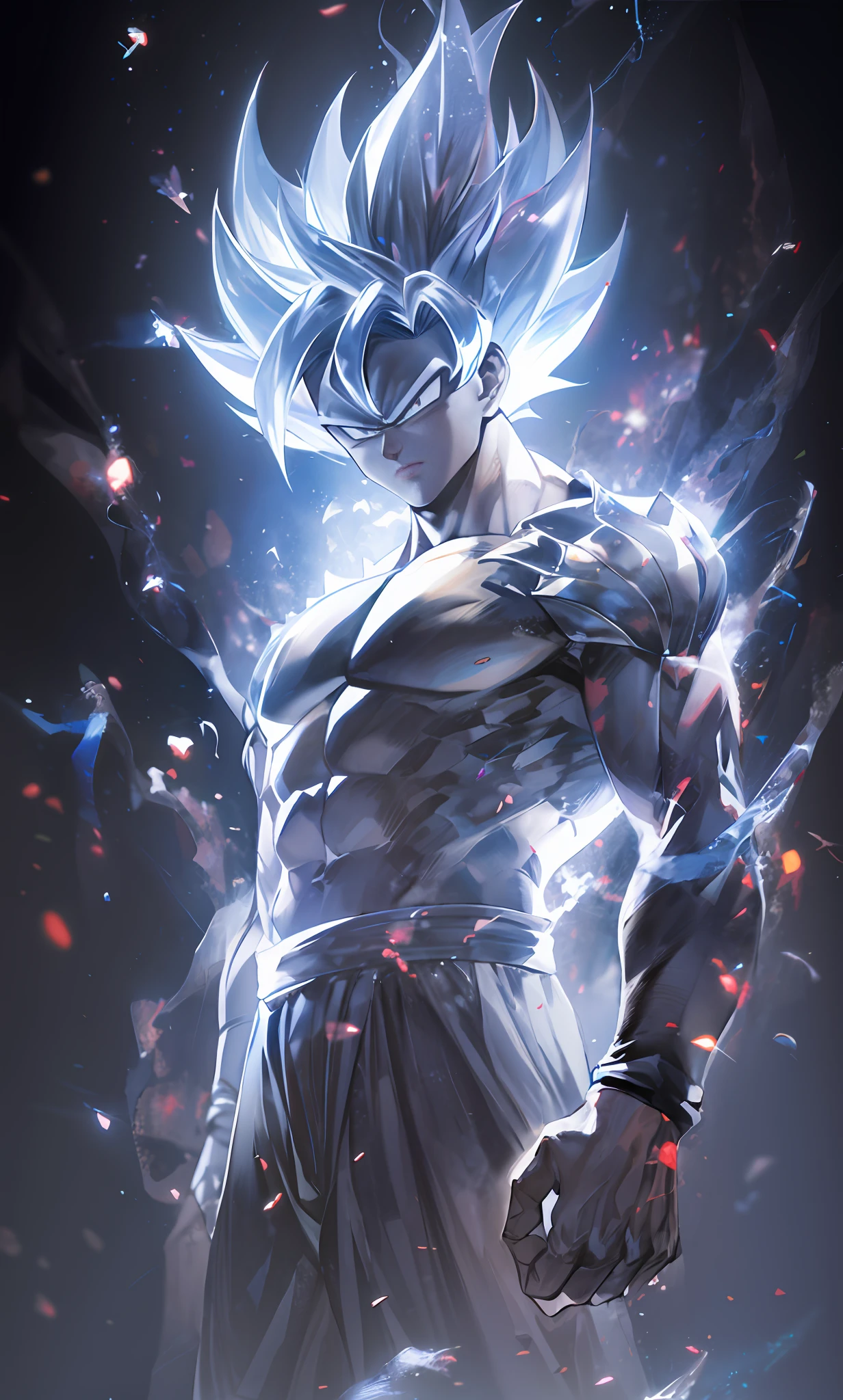 ((Best, Best Quality)) Close-up of a person with a very large body, very large body, super instinctive, energy man epic anime, 4K manga wallpaper, super Saiyan blue, anime wallabies, 4K anime wallpaper, anime wallpaper 8K, anime wallpaper 8K, character Dragon Ball, Goku, human Goku, Super Saiyan Goku Highly detailed portrait, detailed face, detailed eyes, small eyes, serious expression, fierce eyes