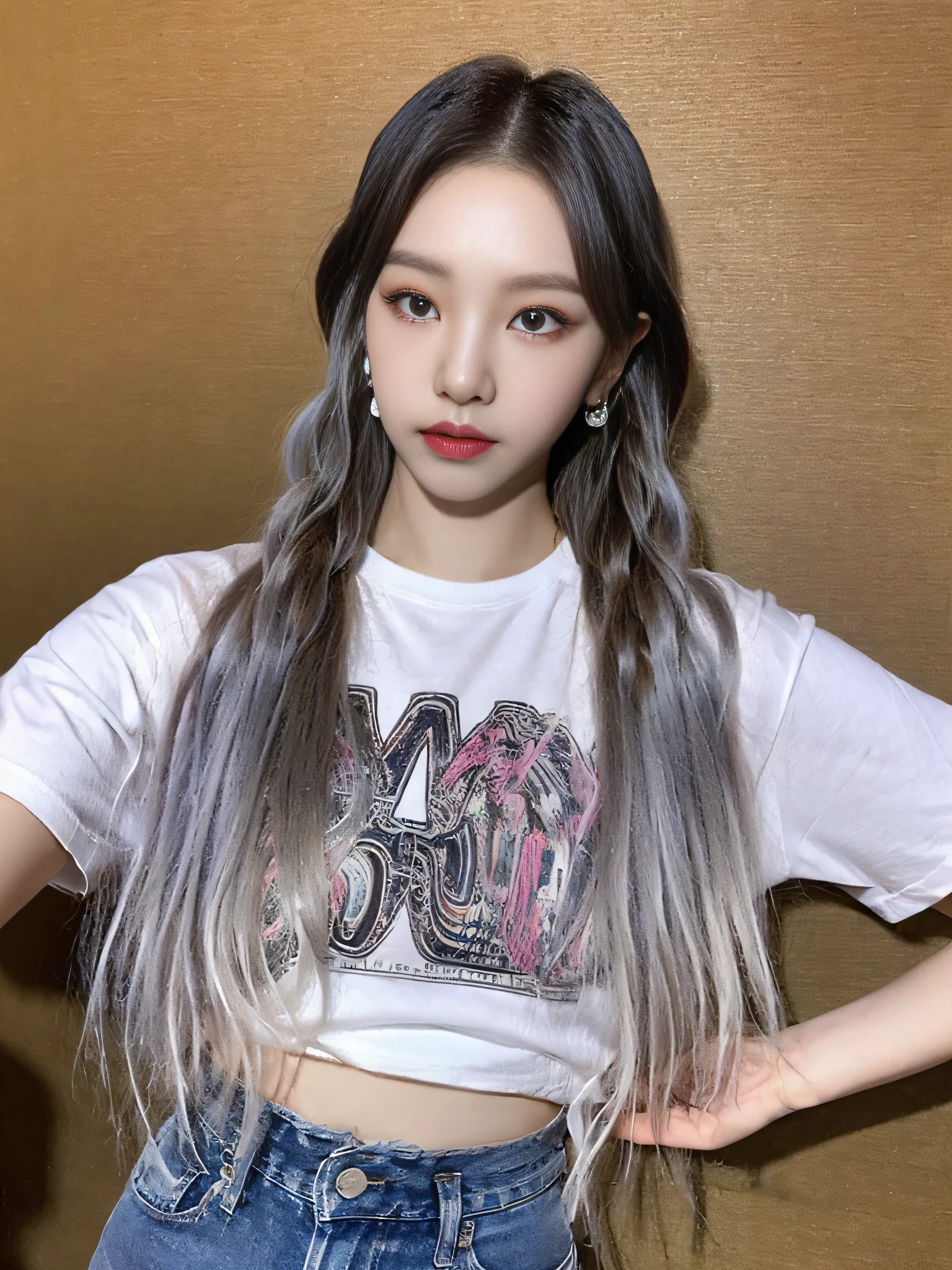 (Best Quality, 16k, Masterpiece: 1.3), Pretty Woman, 1Girl, Two Braids, Wearing e T-Shirt, Open Waist, Lace-up Jeans, Ultra-Detail Face, Detail Lips, Detail Eyes, Double Eyelids, HD