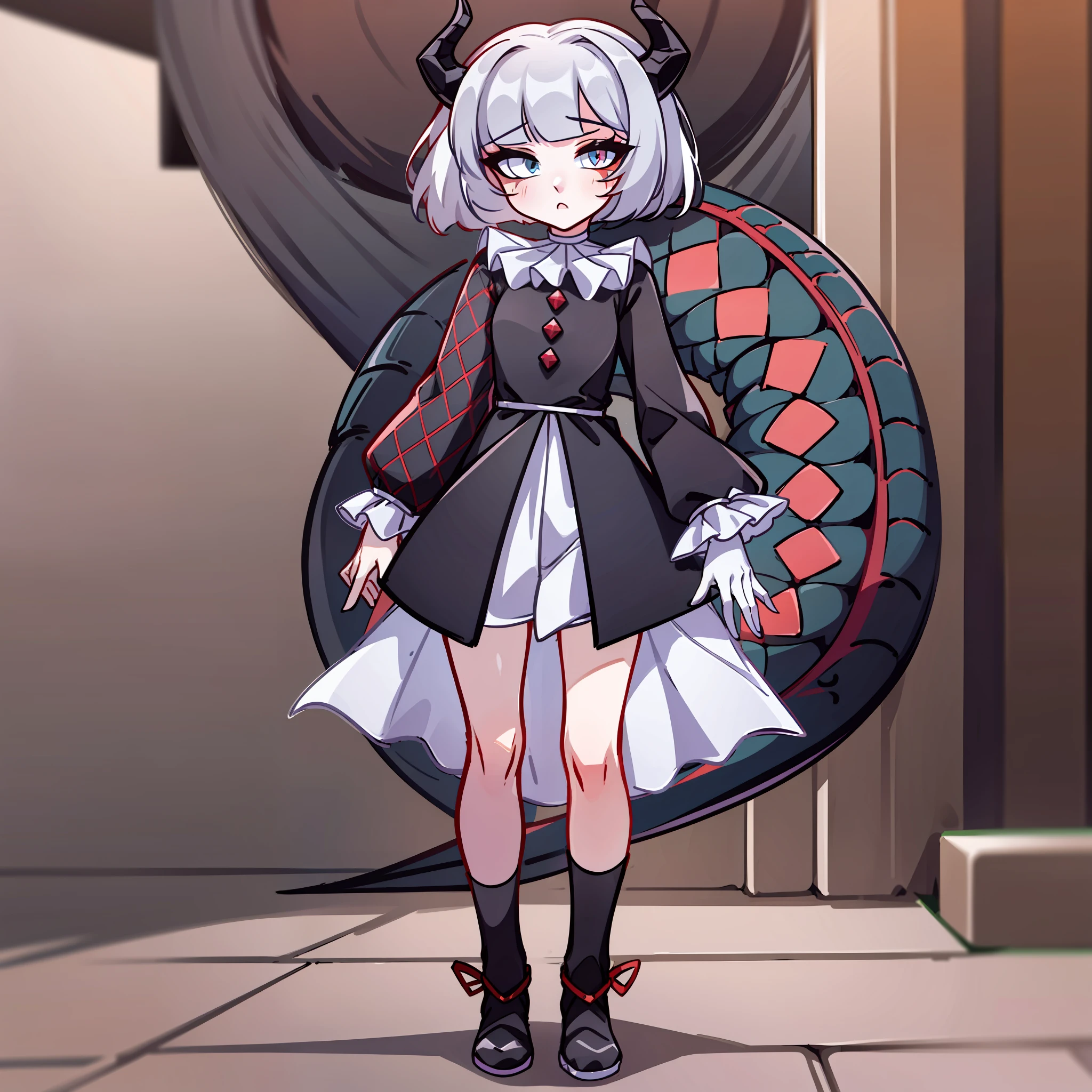 (Best quality: 1.0), (super high res: 1.0), extremely detailed character, detailed Hands, half-dragon girl, horns, scales on the neck, scales on the shoulders, scales on the forearm, scales on the cheek, girl with dragon's tail, dragon's tail, extremely detailed hair, short hair, ((white hair)), ((black locks)), extremely detailed eyes, eye with different colors, heterochromia, white right eye and the left being black, dragon eyes, 2d, anime art, ((child)), ((full body)), standing, medieval, rpg, small, cute
