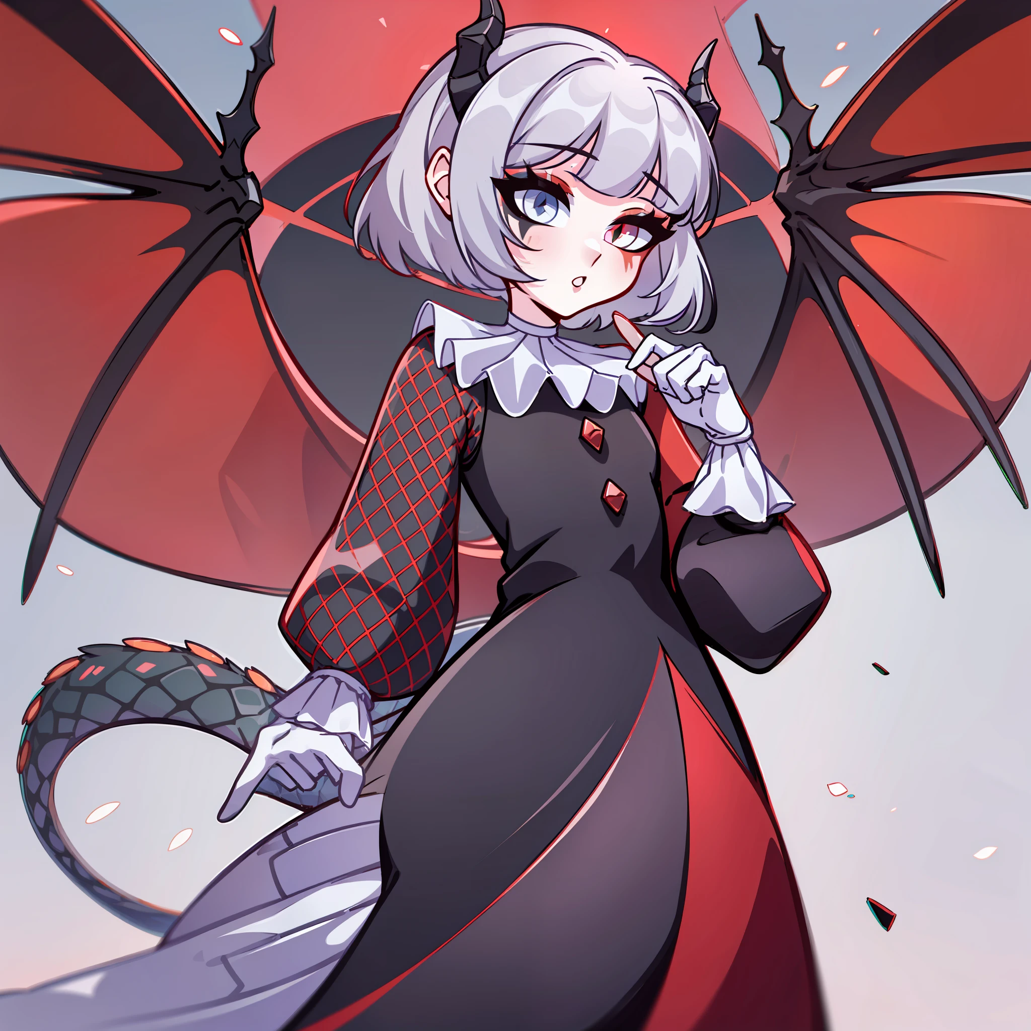 (Best quality: 1.0), (super high res: 1.0), extremely detailed character, detailed Hands, half-dragon girl, horns, scales on the neck, scales on the shoulders, scales on the forearm, scales on the cheek, girl with dragon's tail, dragon's tail, extremely detailed hair, short hair, ((white hair)), ((black locks)), extremely detailed eyes, eye with different colors, heterochromia, white right eye and the left being black, dragon eyes, 2d, anime art, ((child)), ((full body)), standing, medieval, rpg, small, cute