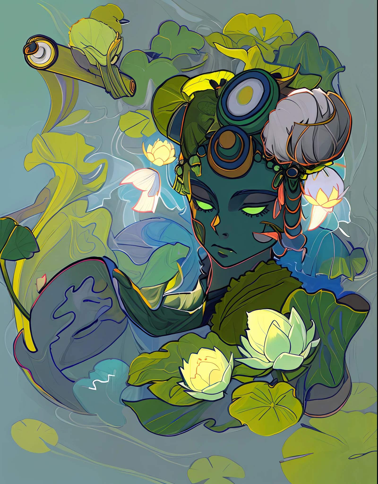 Gray hair, green clothes, blue ocean, green lotus leaves