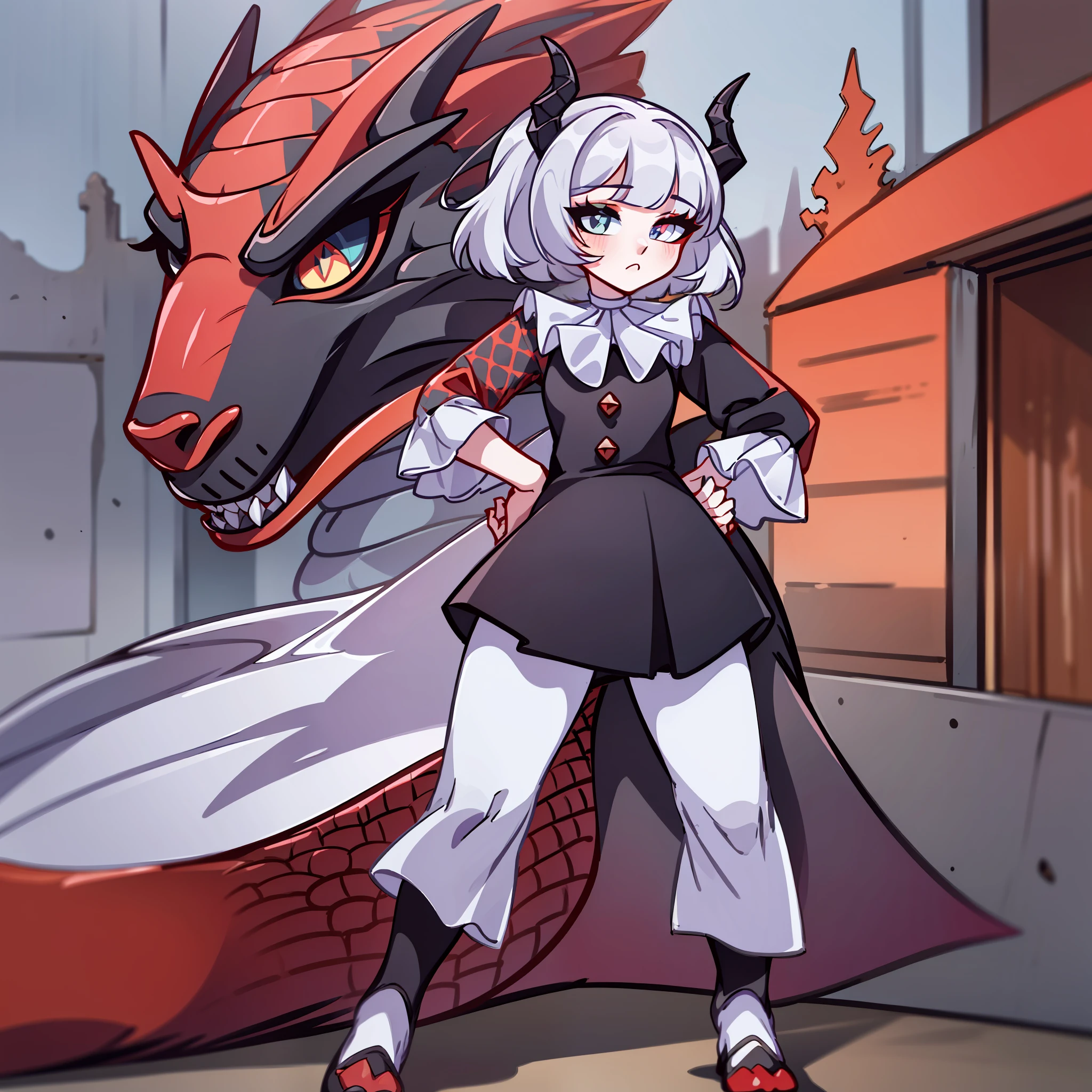 (Best quality: 1.0), (super high res: 1.0), extremely detailed character, detailed Hands, half-dragon girl, horns, scales on the neck, scales on the shoulders, scales on the forearm, scales on the cheek, girl with dragon's tail, dragon's tail, extremely detailed hair, short hair, ((white hair)), ((black locks)), extremely detailed eyes, eye with different colors, heterochromia, white right eye and the left being black,  dragon eyes, 2d, anime art, (()), ((full body)), standing, medieval, rpg, small, cute