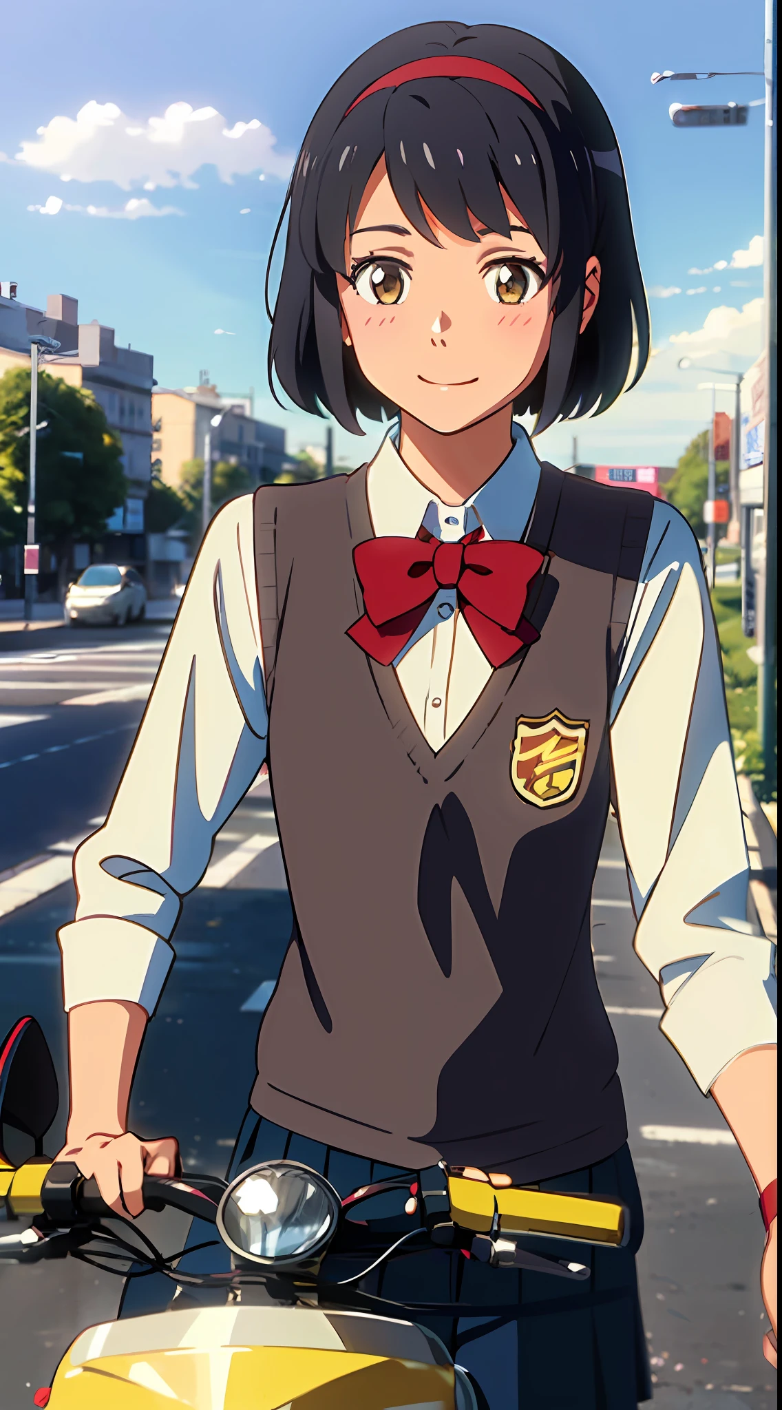 Best image quality, outstanding detail, super high resolution, (realism: 1.4), best illustration, prefer details, masterpiece, shinkai makoto, kimi no na wa., 1girl, bangs, black hair, blue sky, blush, bow, bow, brown eyes, cloud, collared shirt, headband, headband, red bow, red bow, red headband, red ribbon, Ribbon, school uniform, shirt, short hair, sky, smile, solo, sweater vest, upper body, vest, white shirt, yellow sweater vest, yellow vest, learning on bike, motorbike, motorcycle, helmet, city,