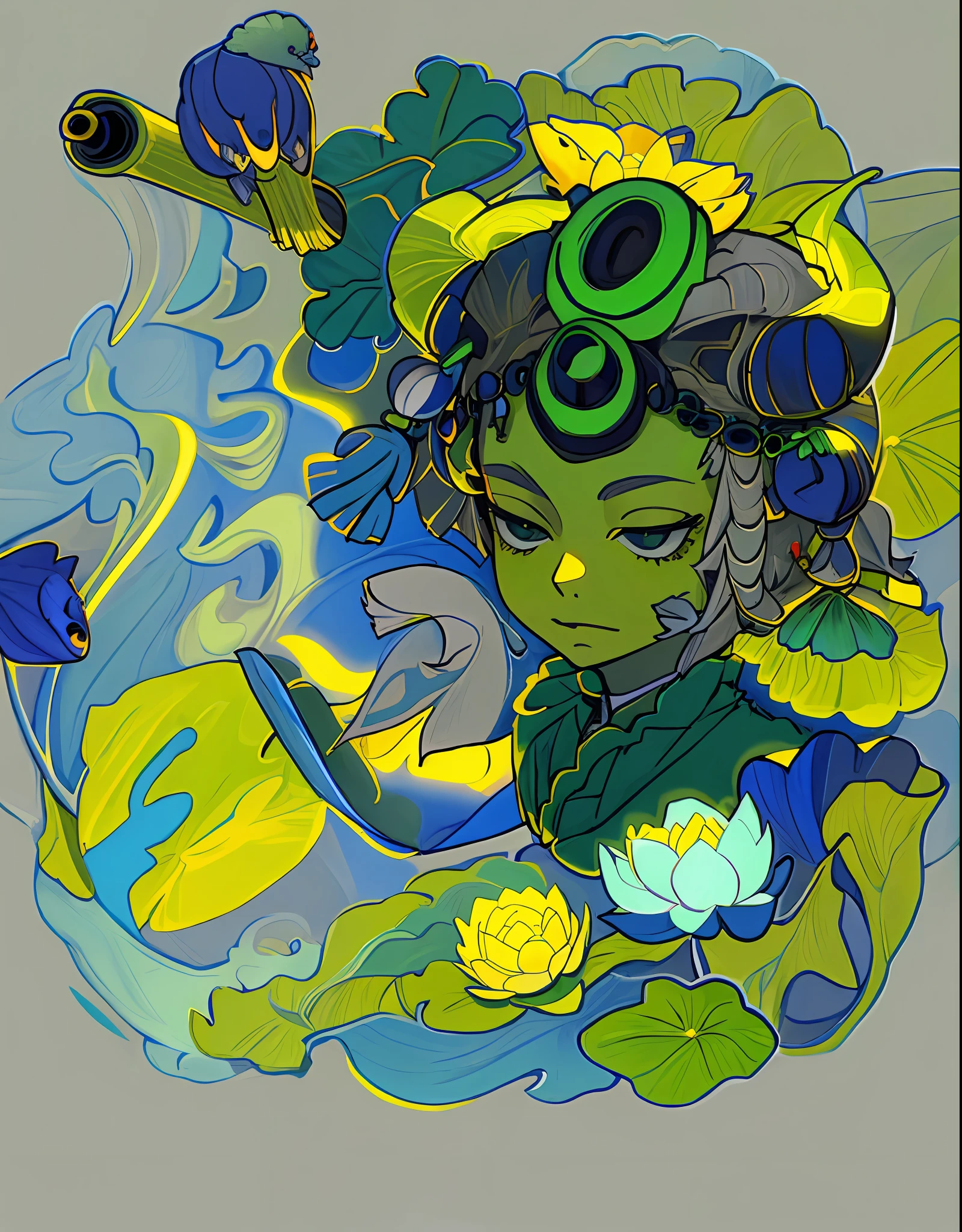 Gray hair, green clothes, blue ocean, green lotus leaves
