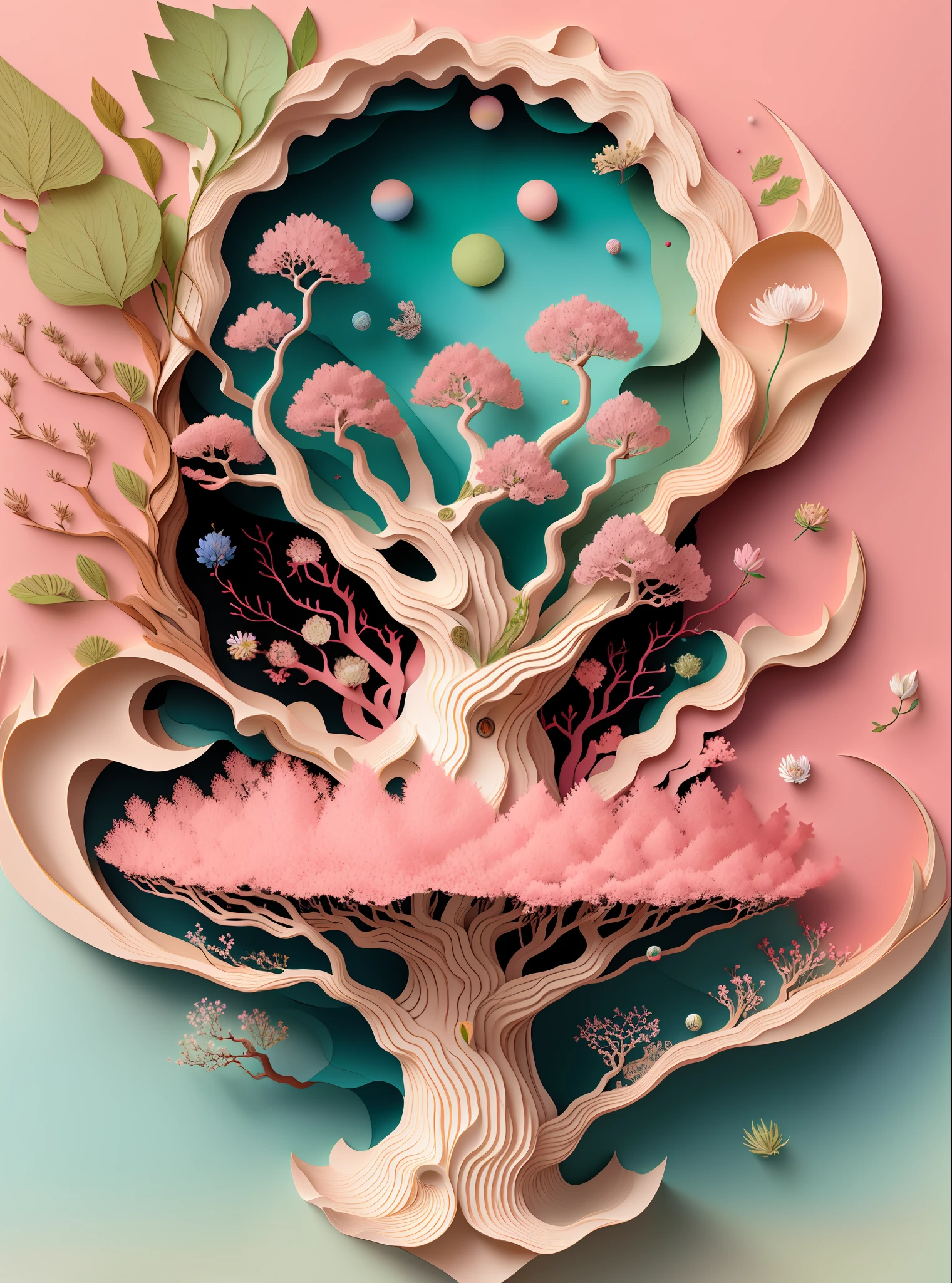 A natural and organic depiction of an ancient cherry blossom tree, featuring earth tones and botanical motifs representing her connection to nature and the environment, influenced by botanical illustrations or environmental art, created by artists such as Georgia O'Keeffe or Christo and Jeanne-Claude
