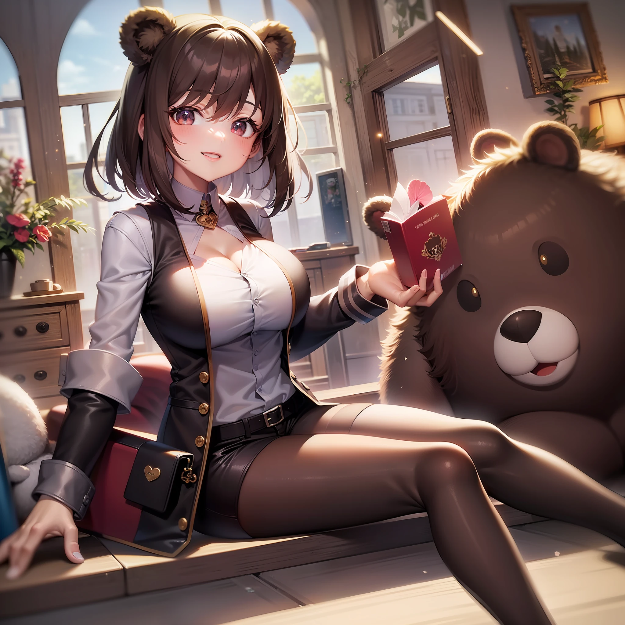 ((Top Quality, 8K,)) Brown Anime Characters with Short Brown Hair, Young Women Anime Visuals, Today's Featured Anime Stills, Bear Ears, Brown Bear-like, Official Art, Cute Girl Anime Visuals, Smiles, Animated Movies, TV Anime Stills, Transparency 16 years old Big tits