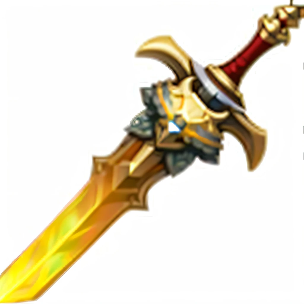 A golden sword with red handle and golden blade, golden sword, yellow broadsword, shining sword, golden sword, great sword, giant sword, great sword, serrated sword, great sword, fantasy sword, godsend, medieval spear, sword, sword, sword, broadsword, League of Legends inventory items, giant sword, war blade weapon, the sword body is shrouded in red flames