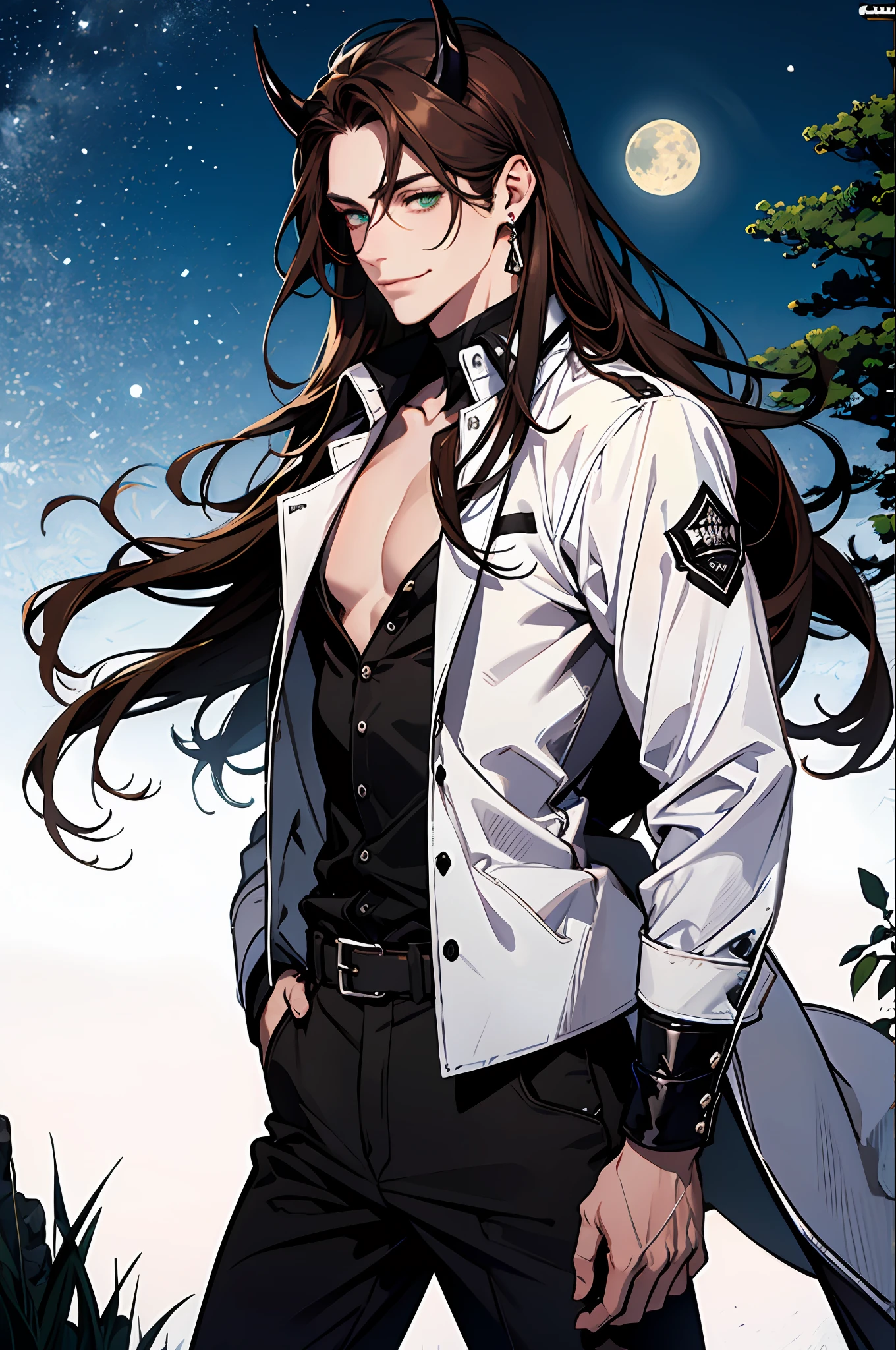 (absurdres, highres, ultra detailed), 1man, 30 years old man, adult man, handsome, tall,, finely detailed eyes and detailed face, black leather pants, simple white shirt, night, smile, dutch angle, ((long hair, brown hair)), (((little black horns))), moon, forest, silver earrings, gothic, dark, looking at the view, pale skin, green detailed eyes, eyeliner,(((open chest))), (masculine), sexy, smirk, no jacket