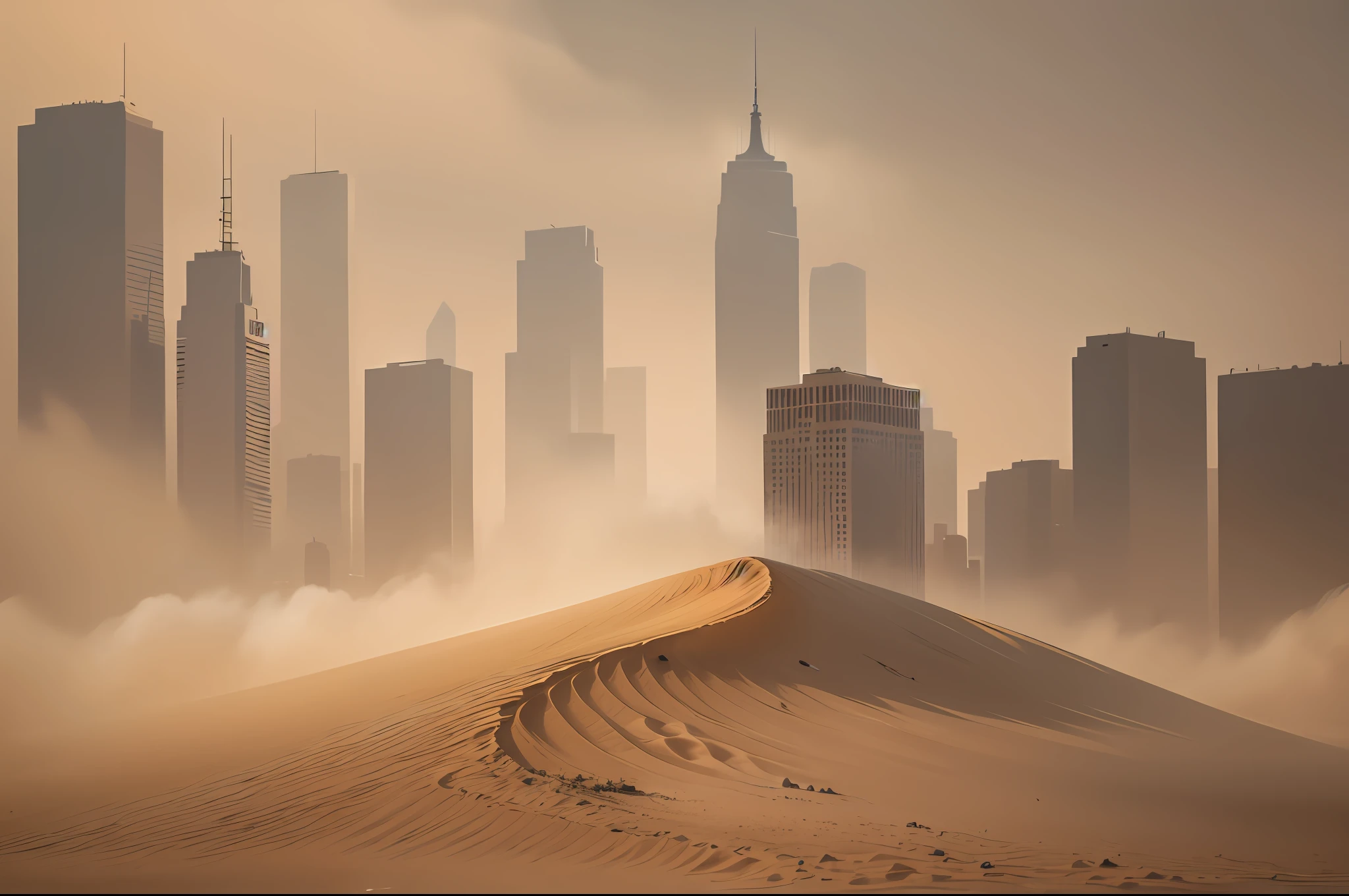 New York covered in a thick blanket of sand, sandstorm is raging