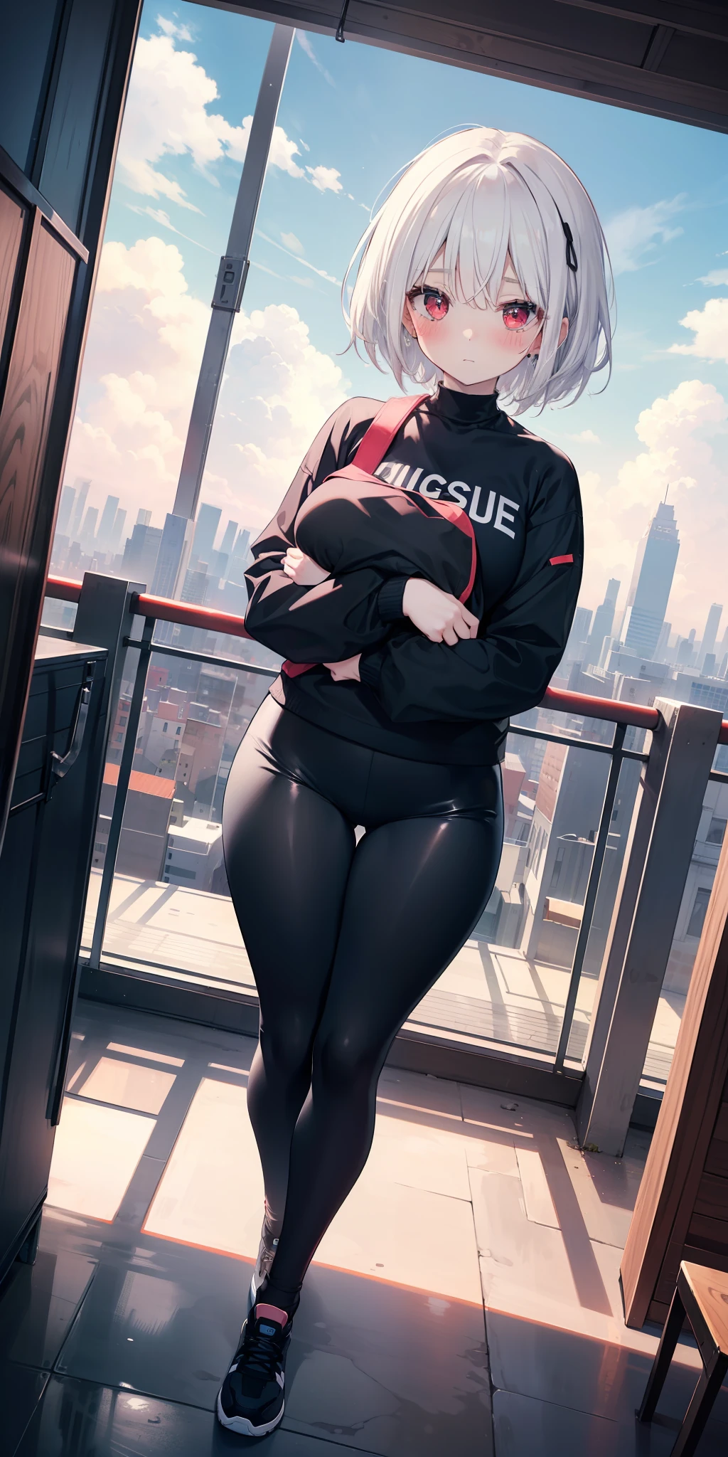 ((masterpiece)), ((best quality)), girl, ((beautiful body)), pale skin, ((red eyes)), short hair, ((painted black white hair)), ((highlights effect) in the hair)), ((long-sleeved shirt)), ((tight pants)), ((accessories on clothes)), eyebrow, ((perfect)), thin waist, ((thick legs)), ((big thigh )), ((background scenery)), ((modern world)), ((city)), (people out of focus), ((beautiful day)), (clouds), pov, ((viewer view)) , ((want to hug)), ((blush)), lustful,