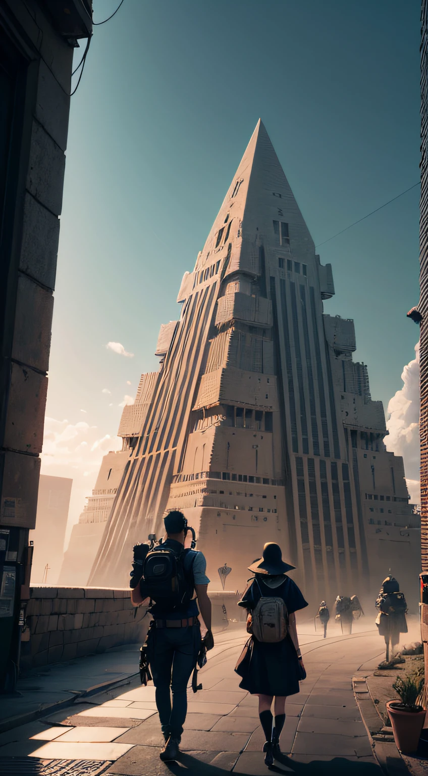 Imagine a unique landscape that merges the iconic landmarks of Japan with the majestic pyramids of Egypt, creating a fusion of Eastern architecture and ancient wonders. Within this scene, there are small figures that embody the cyberpunk aesthetic - neon colors, futuristic attire, and high-tech gadgets. The style should be hyper-realistic, with a focus on intricate details and high-resolution rendering. The lighting should be dramatic, casting long shadows and highlighting the contrast between the traditional landmarks and the futuristic characters. The color palette should be a mix of the vibrant hues typical of cyberpunk aesthetics and the more subdued, natural tones of the landmarks. The composition should be in a 16:9 aspect ratio, with the camera positioned to capture the breadth of the landscape and the tiny figures within it. The image should be rendered in 16k resolution. --ar 16:9 --v 5.1 --style raw --q 2 --s 750 --auto