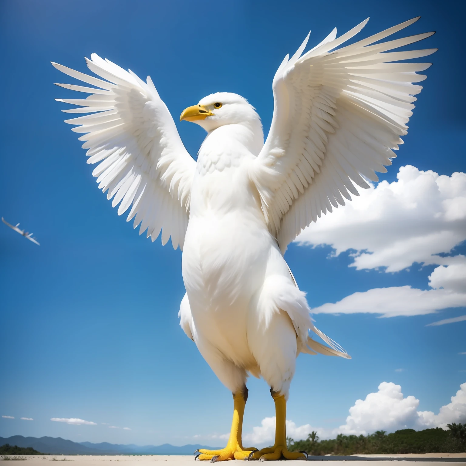 generate a white big bird with 7 wide wings, with the background of a war.