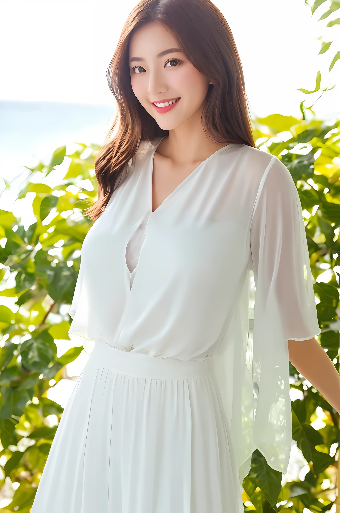 Best Quality, 8k, 32k, Masterpiece, UHD: 1.2), Big Boobs, Big Tits, 1 Woman, 22 years old, very beautiful slim legs, wearing silk clothes, very beautiful slender legs, light milky porcelain skin, seaside, milky skin, slender legs, beautiful slim legs, white clothes, pink clothes, silk clothes, under the shade tree, smile