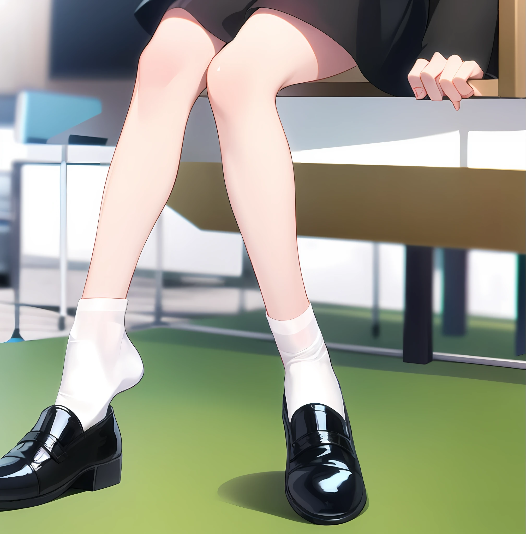 there is a woman sitting on a bench with her legs crossed, smooth anime cg art, a hyperrealistic schoolgirl, detailed legs, detailed shot legs-up, hyperrealistic schoolgirl, realistic schoolgirl, normal legs, close-up on legs, high heels. anime style at pixiv, legs visible, fine details. girls frontline, made with anime painter studio