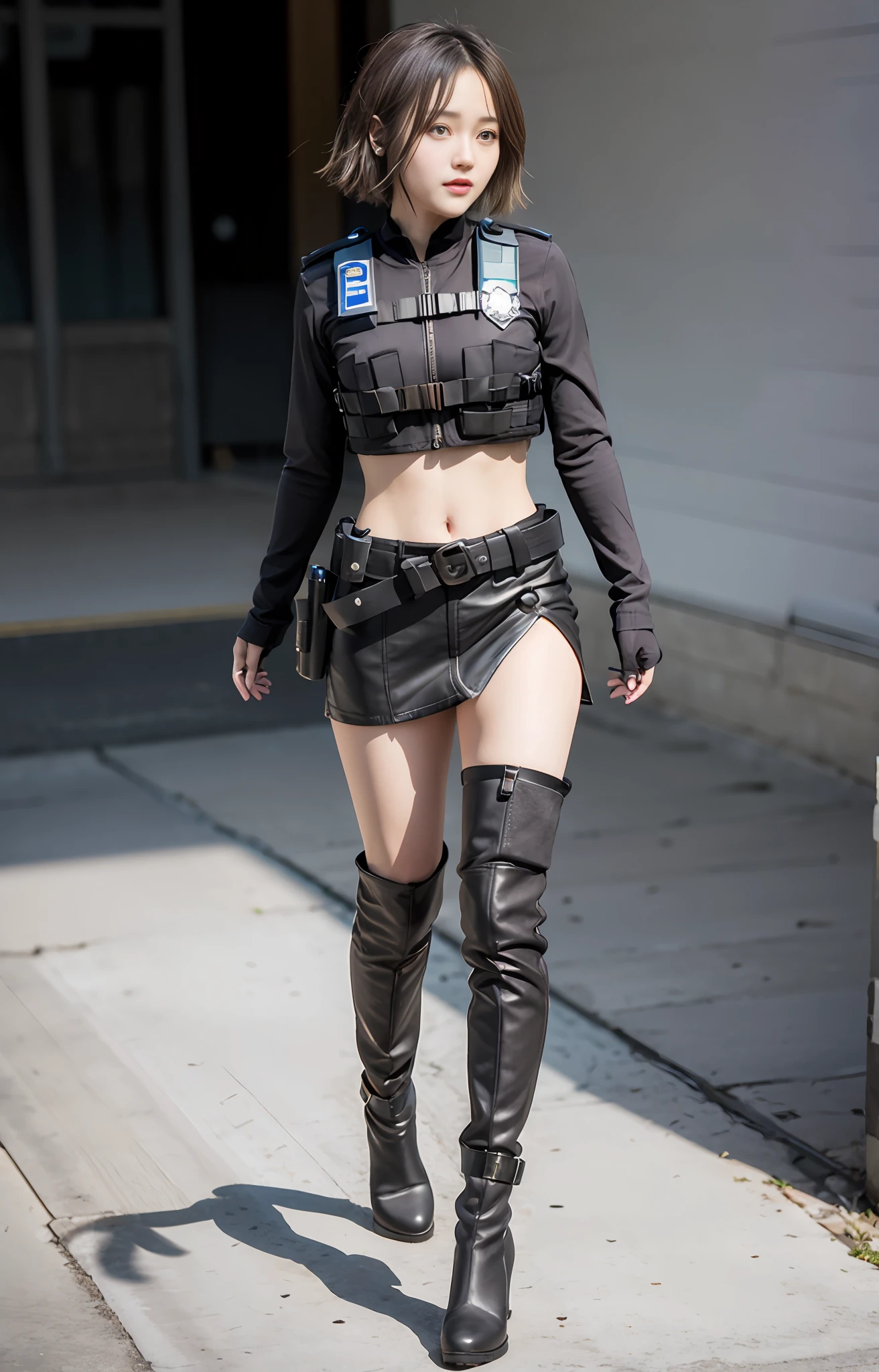 Official art, extremely detailed CG Unity 8k wallpaper, best quality, masterpiece, high resolution, beautiful girl agent, short hair, black crop top vest, brown belt, pistol holster on thigh, pistol, body armor, tactical gloves, black minileather skirt, black over-the-knee flat boots, tight leather suit, leather texture, police badge on chest, full body photo, melon seed face, small face,