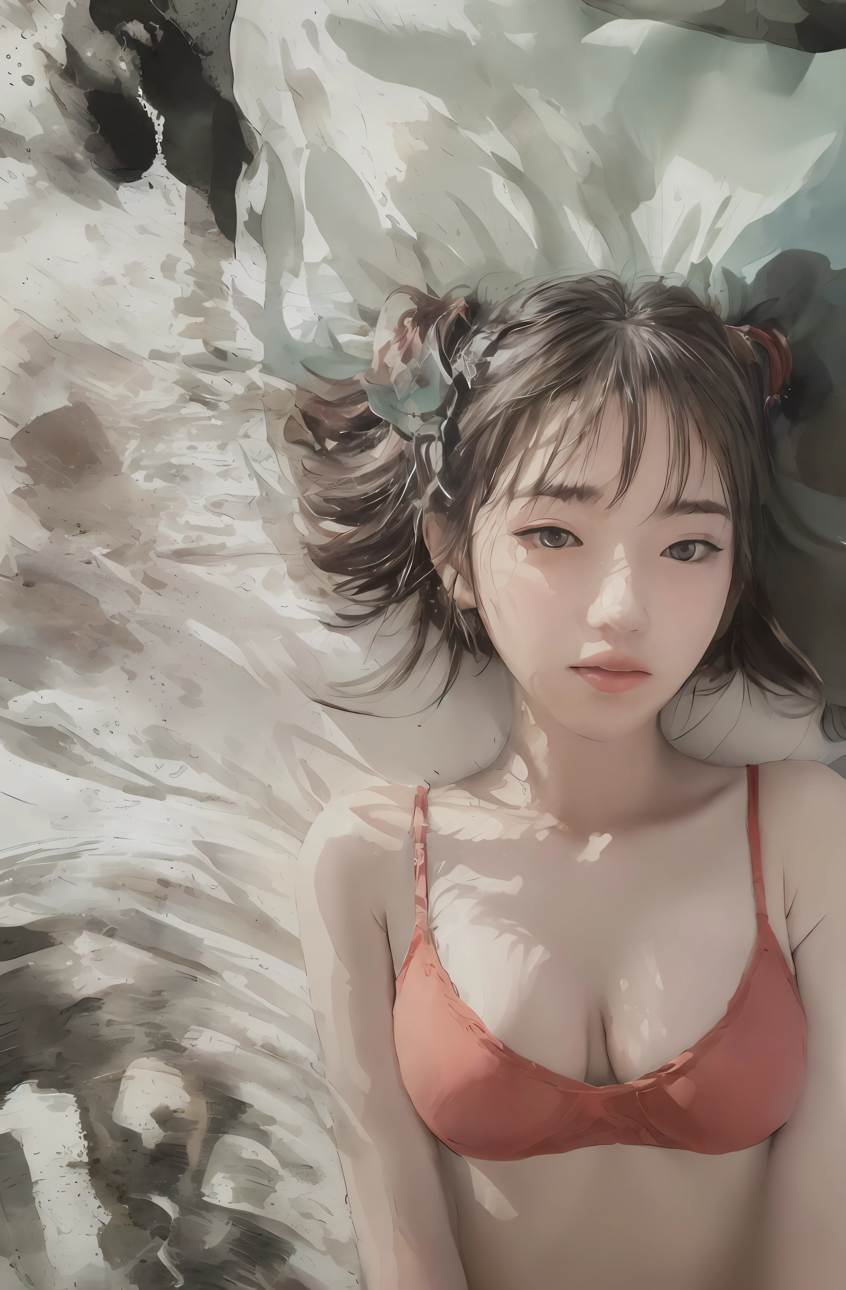 (Masterpiece, Real: 1.4), (Very Complex: 1.2), (Upper Body: 1.2), (From the front: 1.3), Dressed only in silk bright orange underwear (color is orange, high-end underwear that fits the body, purchased pants that fit the body), one shoulder strap of the bra is removed and rests on the arm, one of the legs is bent (knee is bent), the hand is holding the pillow, the hair (black hair, Quite long and simple hair fastening), modest chest, hotel, looking at the viewer, the expression is a little embarrassed, Japan about 21 years old, cute makeup, idol-like face, large eyes (double, false eyelashes), body shape is slender (about 143 cm tall, slender with a thin figure), head tilted, lying on the bed of elegant white sheets of the hotel (on his back), 1 girl (about 21 years old), Solo, Ultra High Definition, 8K UHD, Perfect Anatomy, Exquisitely Detailed Skin, Best Shadows, Delicate, High Resolution