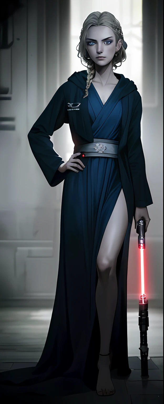 (best quality, masterpiece1.2), (detailed eye:1.2), intricate detail, depth of field, 18 years old girl, (dark mood, glowing eyes, jedi, holding, blue lightsaber, silver hilt, robe, hood), blonde, braid, Archaic smile, cinematic, blue eyes