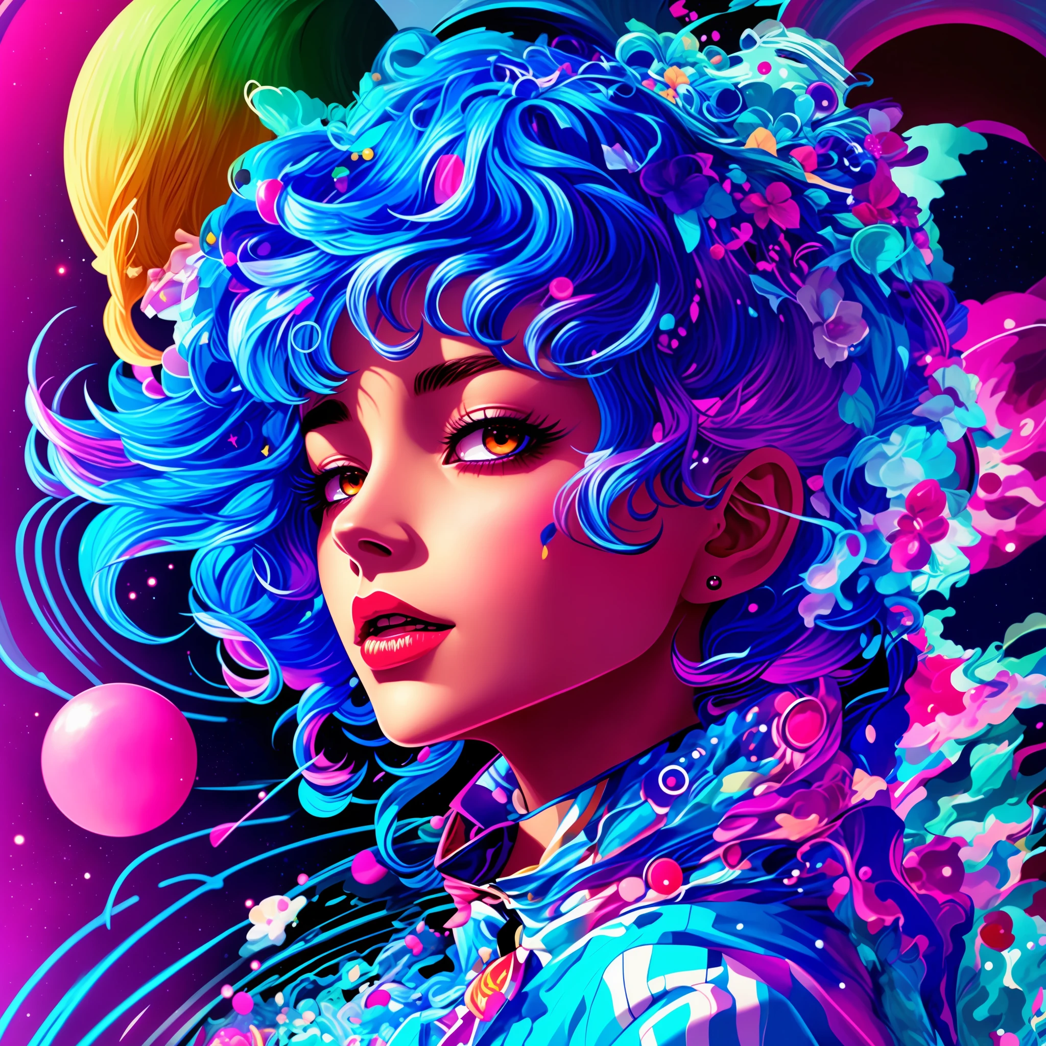 a close up of a woman with blue hair and a colorful dress, jen bartel, beeple and jeremiah ketner, james jean soft light 4 k, james jean soft light 4k, portrait anime space cadet girl, beeple and james jean, kilian eng vibrant colors, anime girl with cosmic hair, james jean artwork, a beautiful artwork illustration