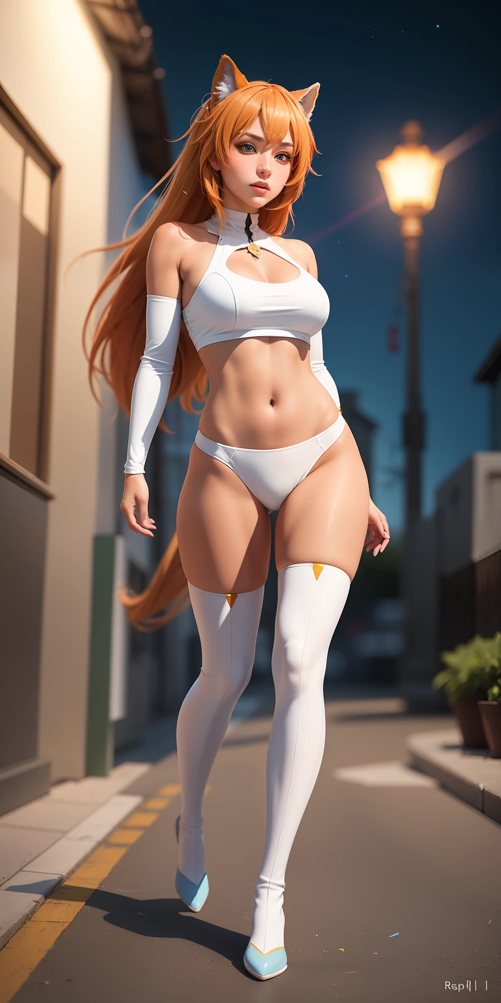 realistic, 1girl, full body,Raphtalia,anime The Resing of Them Shield Hero,holographic hair, heterochromic eyes, bright eyes, holo crop top, light pectoral armor,rich in design (bushi), split lips, blush, night, white roses, pastels, glitter,RAW,14.bit,front look, dynamic angle,close, flawless rendering, lighting effects,RGB light tones