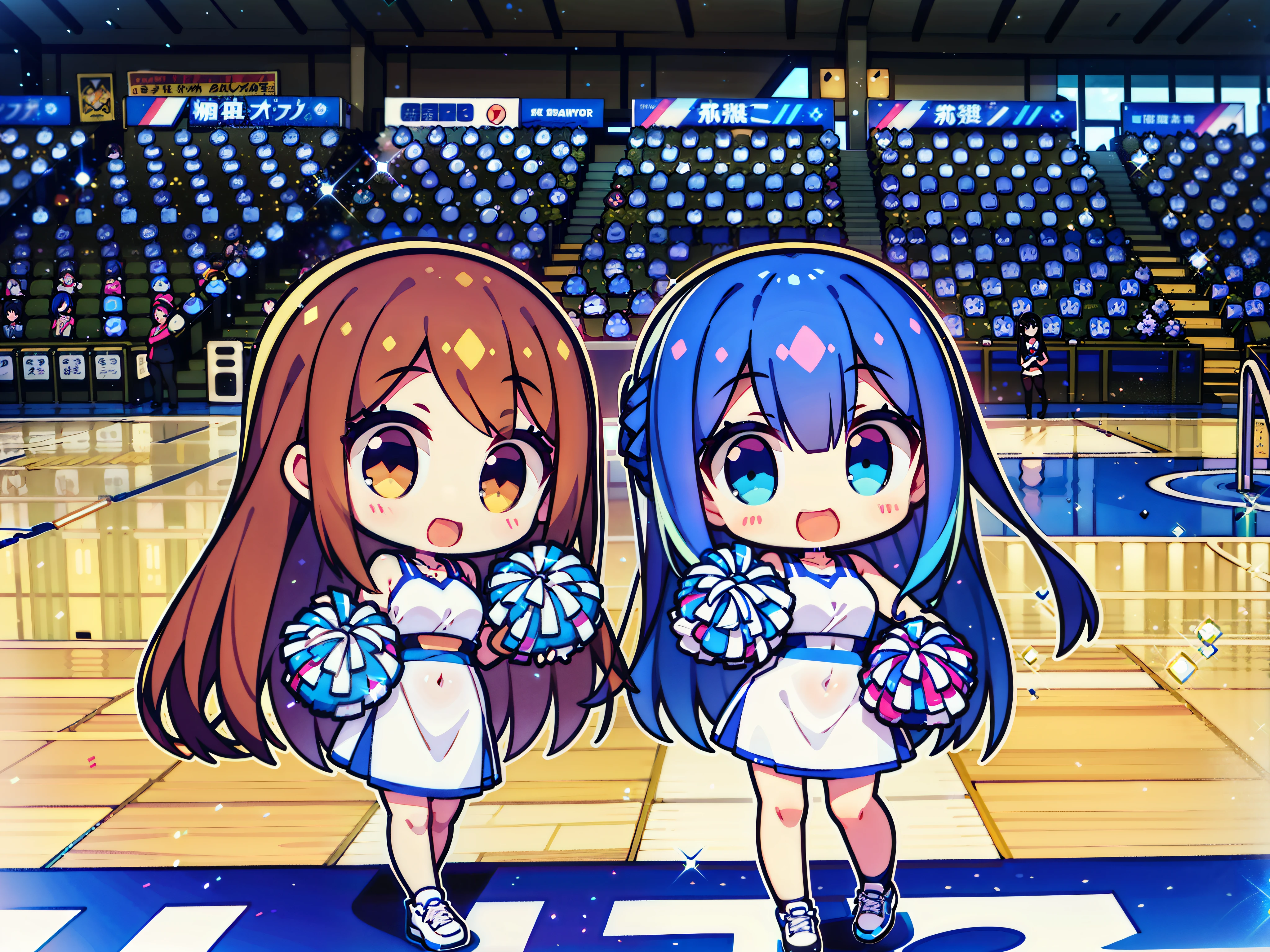 Two Asian women of cheergirl, wearing a cheergirl uniform, clothes are sleeveless clothes, Yui has beautiful brown hair and long hair., beautiful five-fingered hands, Aya has beautiful dark blue hair and long hair., eye color is the same as hair color, wearing the same clothes, good friends, both smiling, holding bonbons in both hands, costume is as shown in the photo, shiny silver, small, Shiny silver clothes, V-neck clothes, no logos and letters on clothes, clothes are glittery silver uniforms, clothes are non-see-through fabric 🚿🗝📝 🔞🤡 2263539546], 8 km race)), anim、、、、、、、、、、、e-style mascot type, background is solid blue., clothes have no ribbons, only blue lines, belly button style, white clothes, ❤🔥🍄🌪 Basketball gymnasium in the background, shiny floor