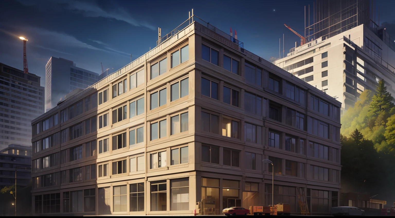 Real, fine, high resolution, construction, site construction, scaffolding, crane, night lighting, mansion, lighting, greenery