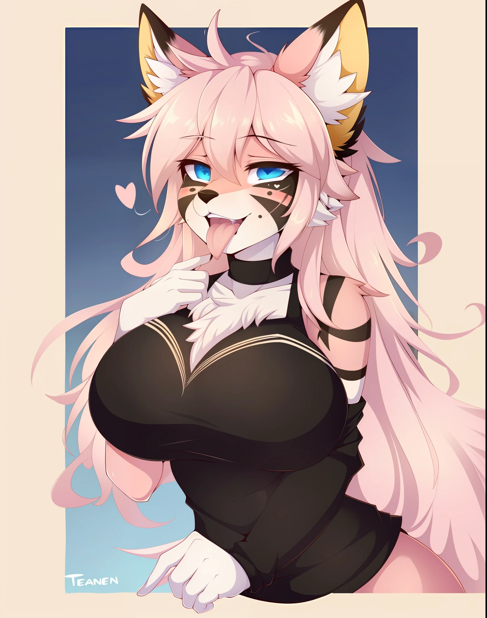 ((face painting)), ((masterpiece, best quality)), (anthro furry:1.3, hairy:1.2, female solo:1.2, ahegao), by teranen, (coffesoda:1.1), teranen, fox, female, solo, pleasure face, ahegao, Breathless, pink right iris, pink left iris, pink body, big breasts, heart eyes, ((sfw)), chest fluff