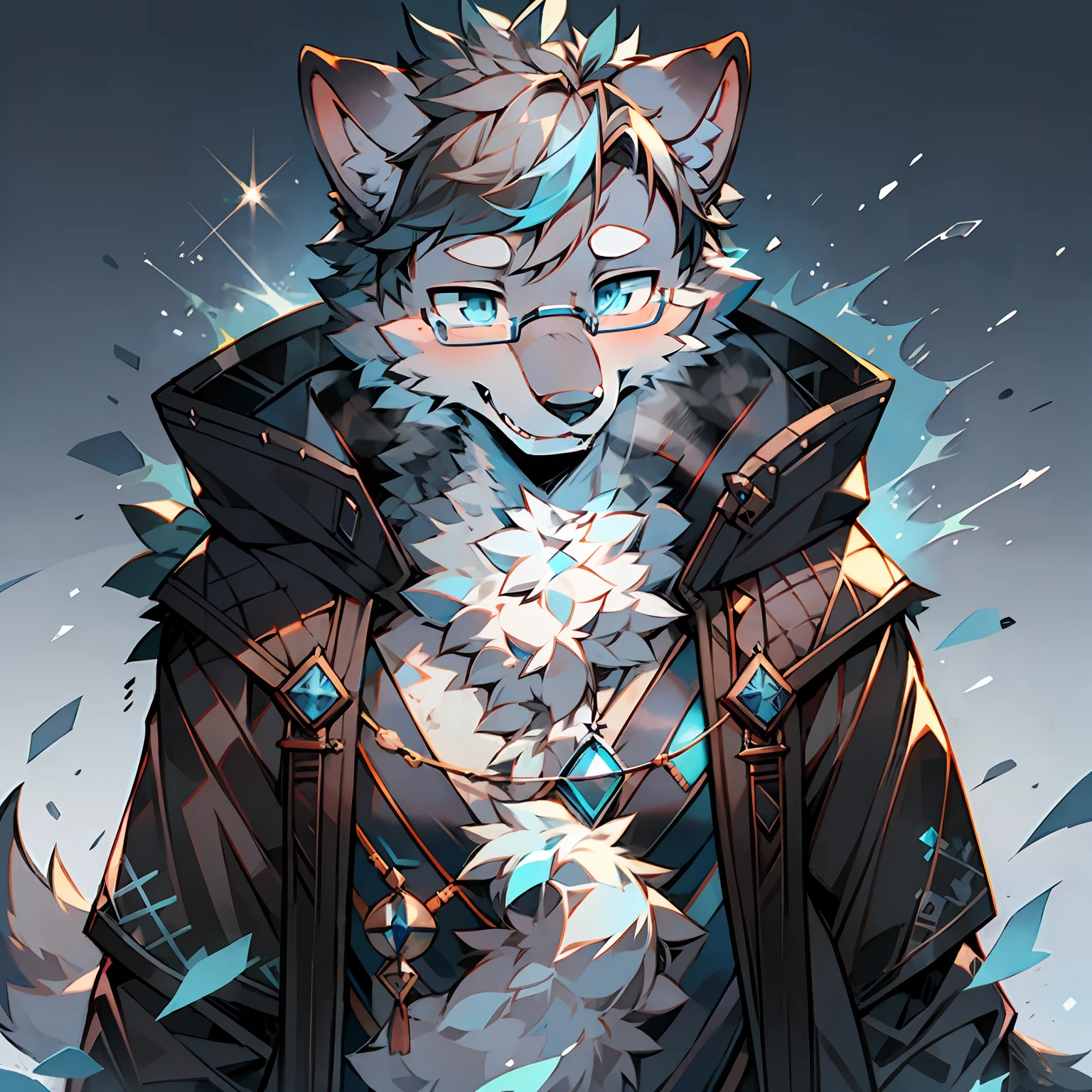 Single, shaggy male, furry, wolf, gray wolf, canine, dark fur, black-gray fur, blue eyes, glasses, blue runes, mage, magic, black coat, short hair