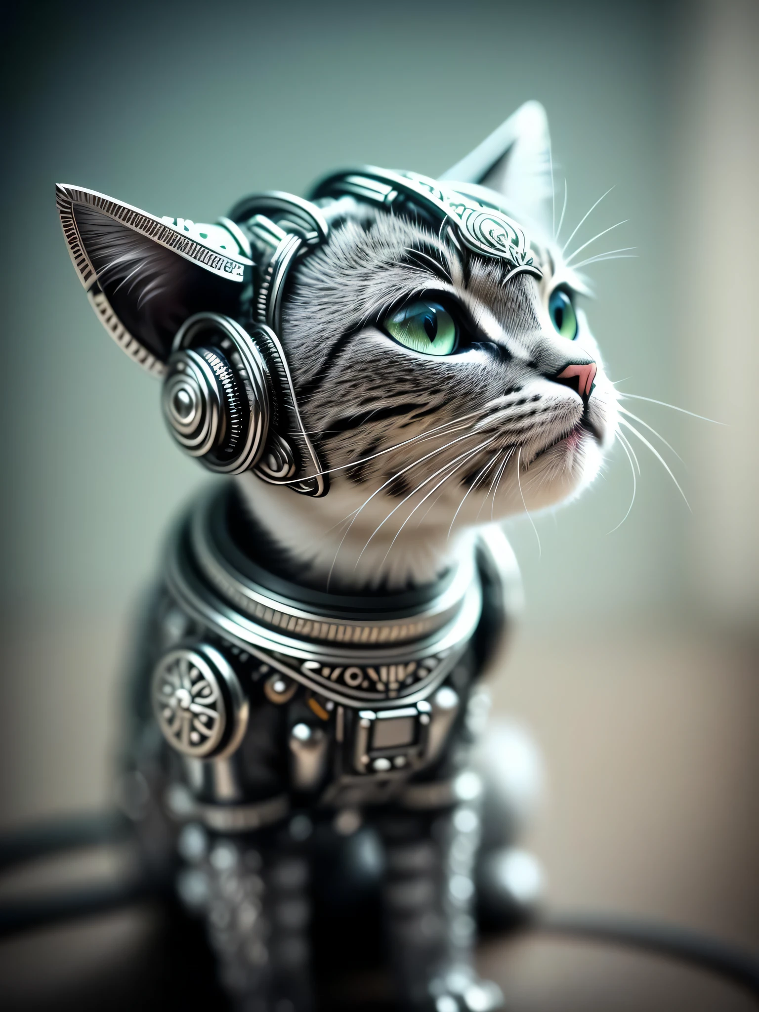 a cute kitten made out of metal, (cyborg:1.1), ([tail | detailed wire]:1.3), (intricate details), hdr, (intricate details, hyperdetailed:1.2), cinematic shot, vignette, centered