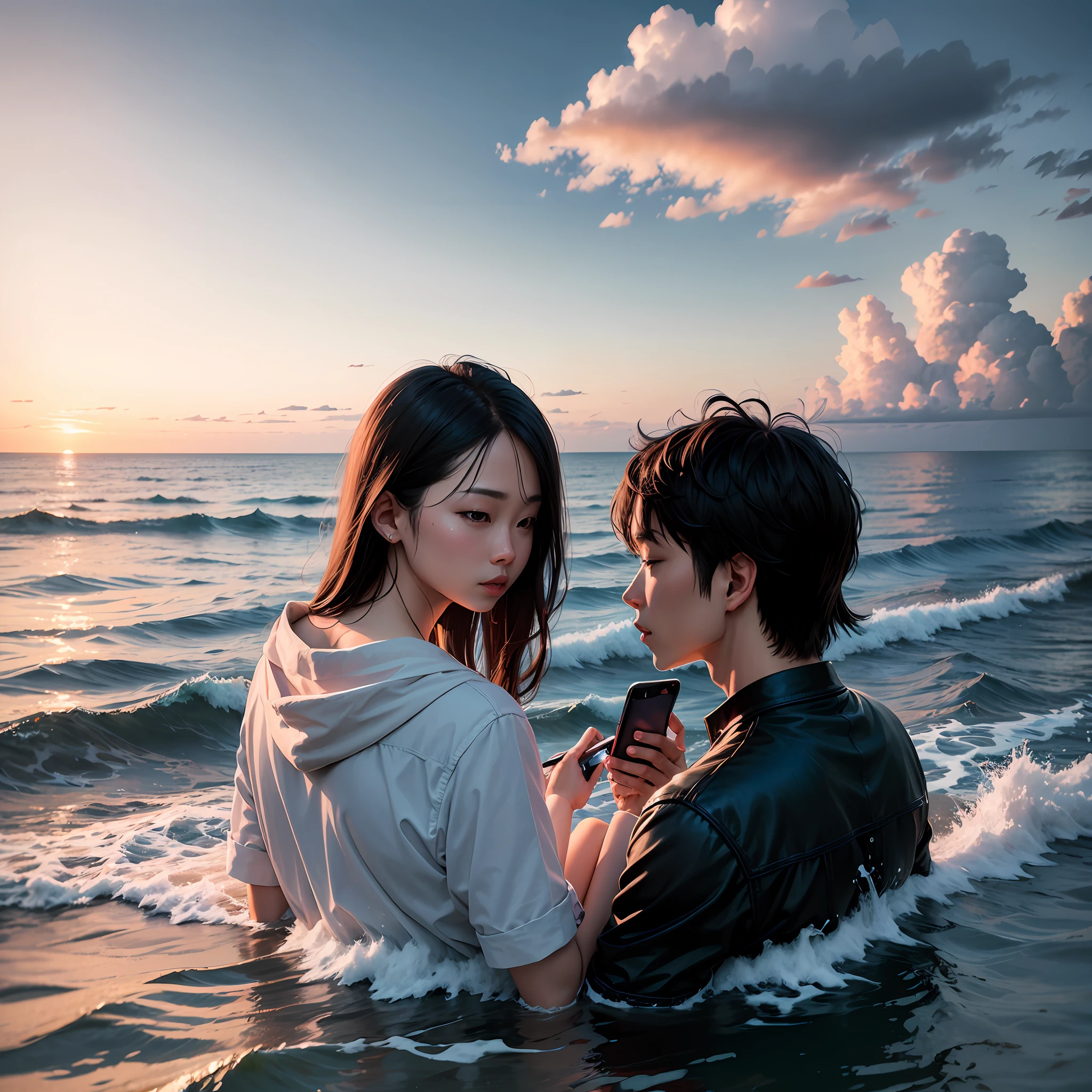 A. Couple in sea with phone --auto