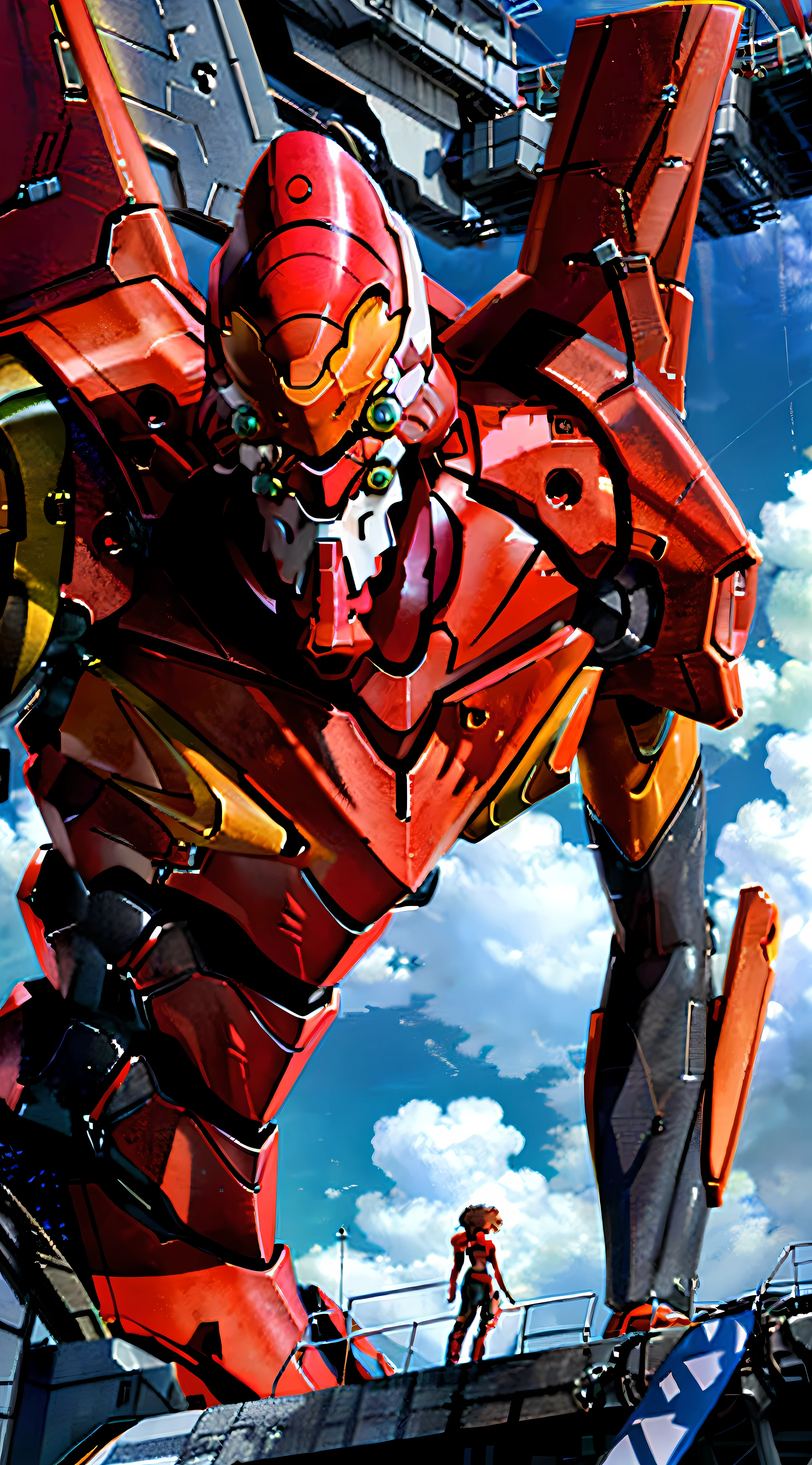 (Eva 02), God Eva, Evangelion Mecha, Science Fiction, Looking at the Audience, 3d Rendering, (Official Art, Best Quality, Masterpiece: 1.2), Illustration, High Resolution, Beautiful Abstract Background, Futurism, Cyberpunk, Intense Angle,