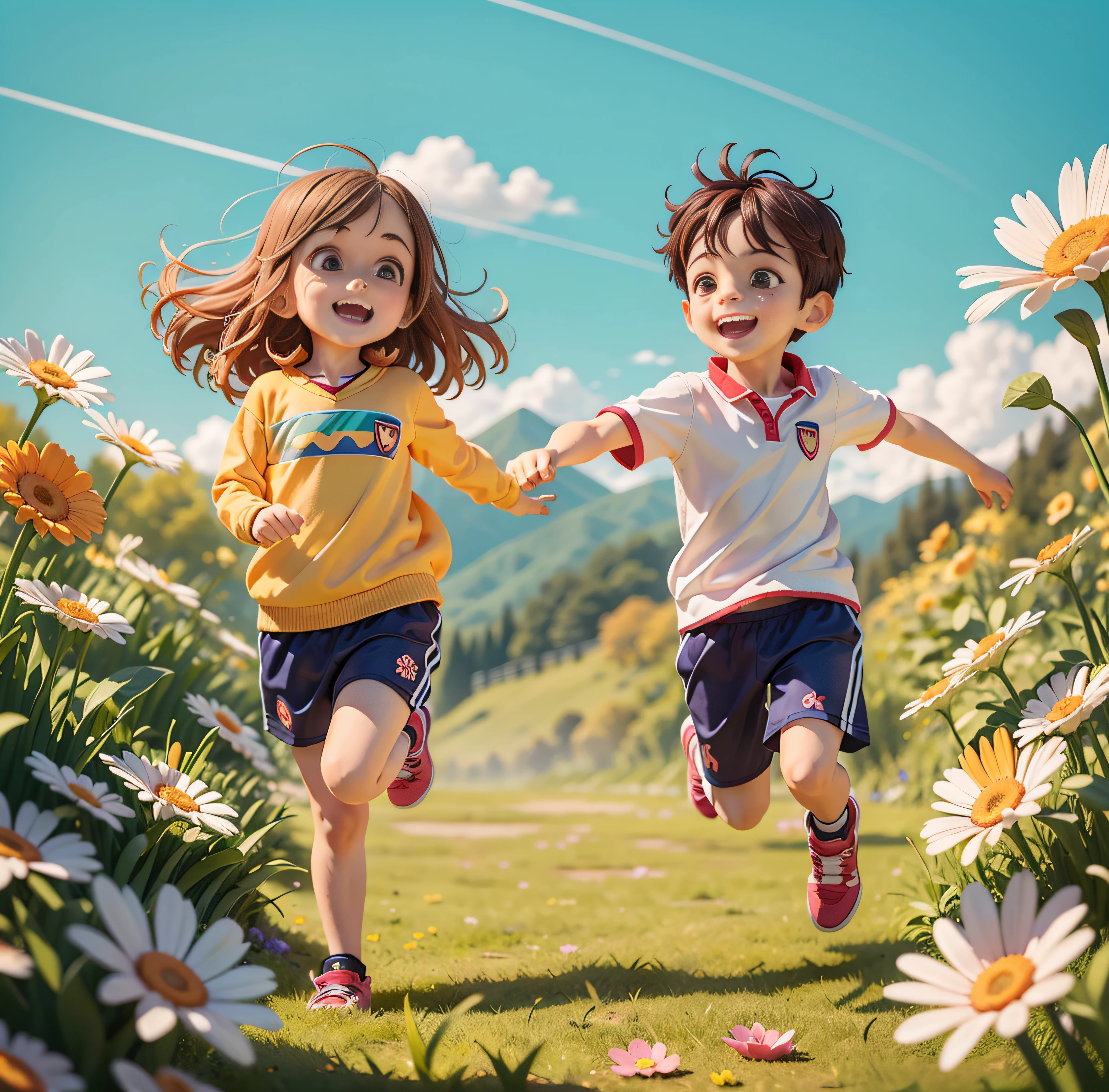 ((Best Quality)), ((Masterpiece)), 1 Girl 1 Boy Running, Happy, Boy Has 2 Feet, Big Eyes, Looking Ahead, Spring Swim, Grass in the background, Falling Flowers, Perfect Face, Intricate Details, Clear Focus, Ultra Low Vision, Wide Angle Lens, V6