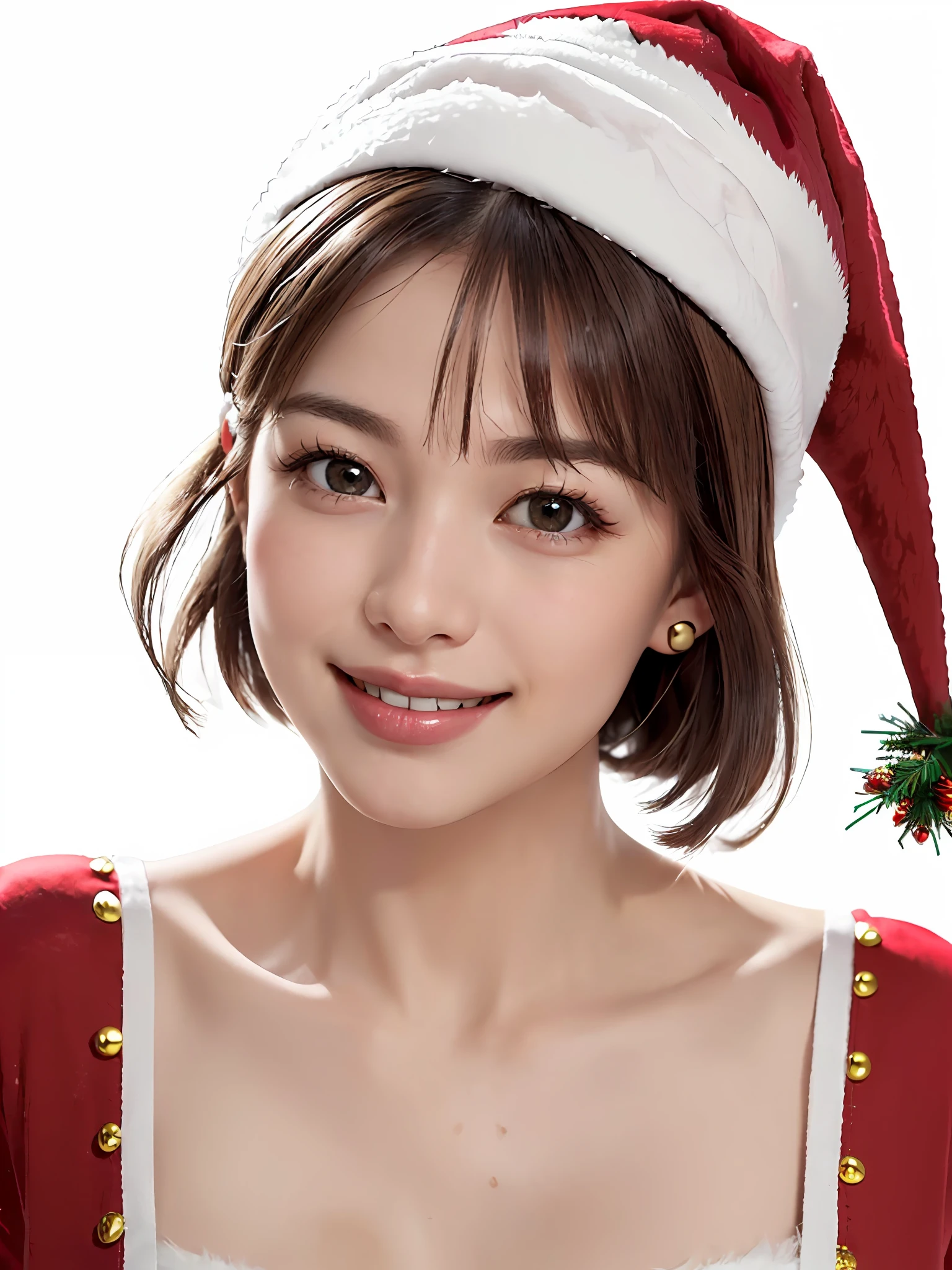 (8k quality), (best quality: 1.2), (realistic,), (photorealistic), ultra high definition, 1 girl, (((solo)), cute, smile, closed mouth, beautiful details, beautiful nose in detail, short hair, huge breasts darcepho, big eyes, long neck, ears, short hair, short hair, huge, ((Santa Claus costume, accurate Santa Claus hat, bangs, bangs, long neck, beautiful, cute, really snow-white background, smile a little, highlight in the eyes, light brown eyes, put out the ears)))