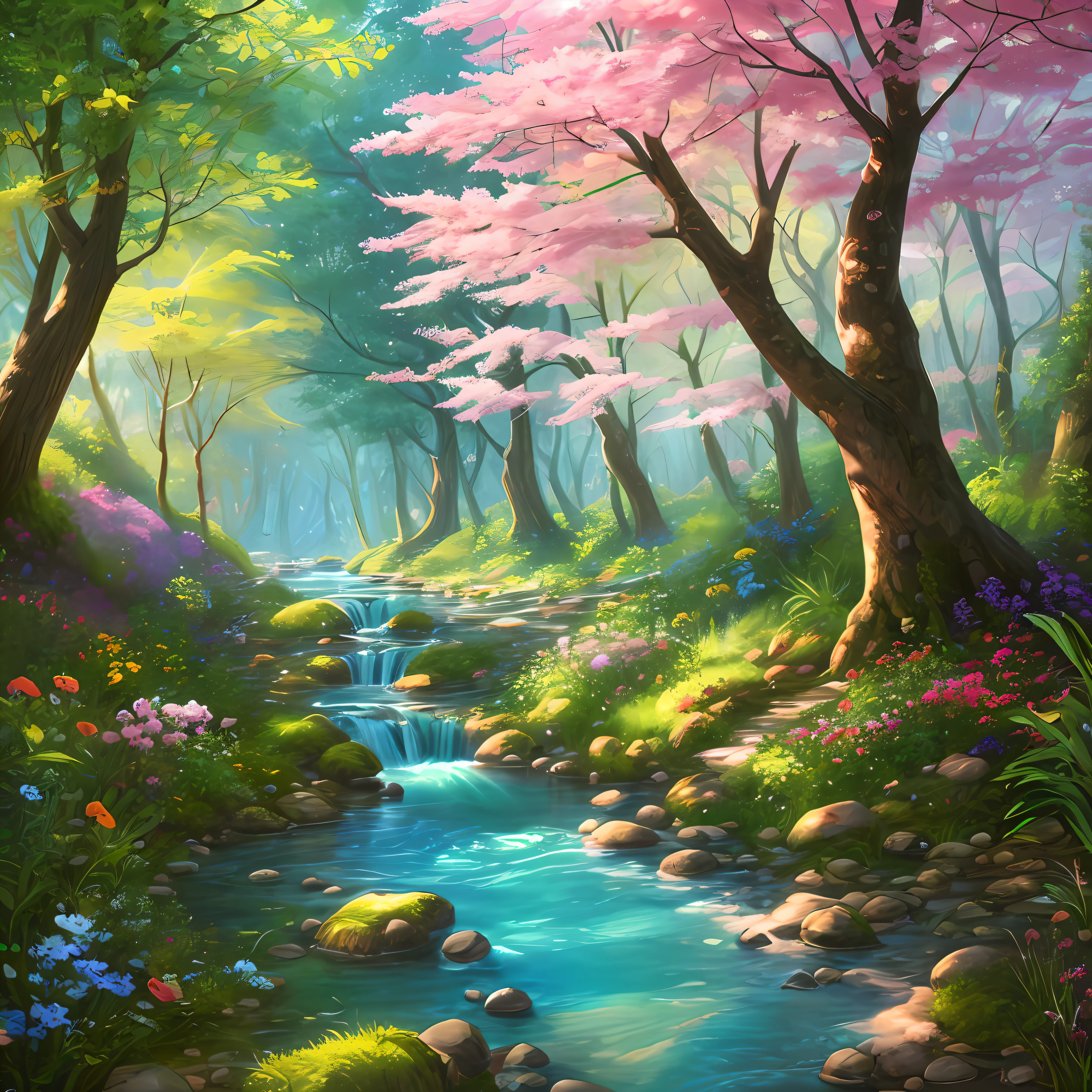 a colorful , sharp and vibrant enchanted forest with a little stream (adorable digital painting, cute detailed digital art). --auto --s2