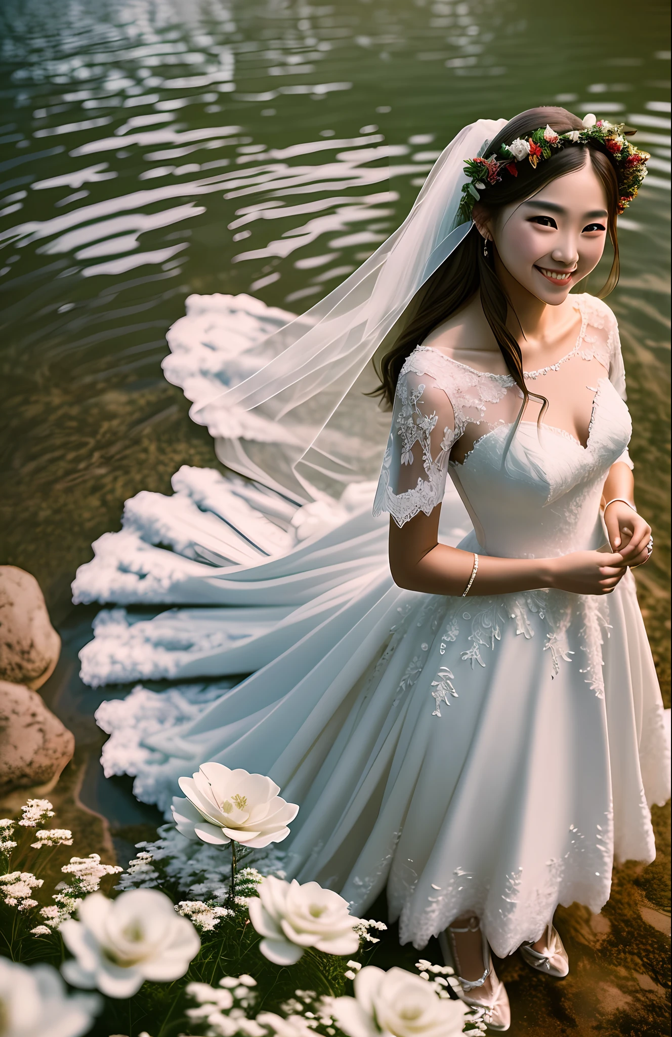 Masterpiece, highest quality, solo focus, complex
(High detail: 1.1) (Perfect face: 1.1) white wedding dress, pretty Japan woman, smiling, lace, veil, fantasy, white flowers on head, mysterious lake,
Viking origin, glowing eyes, full body, back figure, turn around, Lee Jeff
Leeds Nikon D850 Film Stock Photo 4 |
Kodak Portra 400 Camera F1.6 Lens
Rich colors Ultra realistic
Realistic textures Dramatic lighting
Unreal Engine
Trending at Art Station CineStill
800 --auto