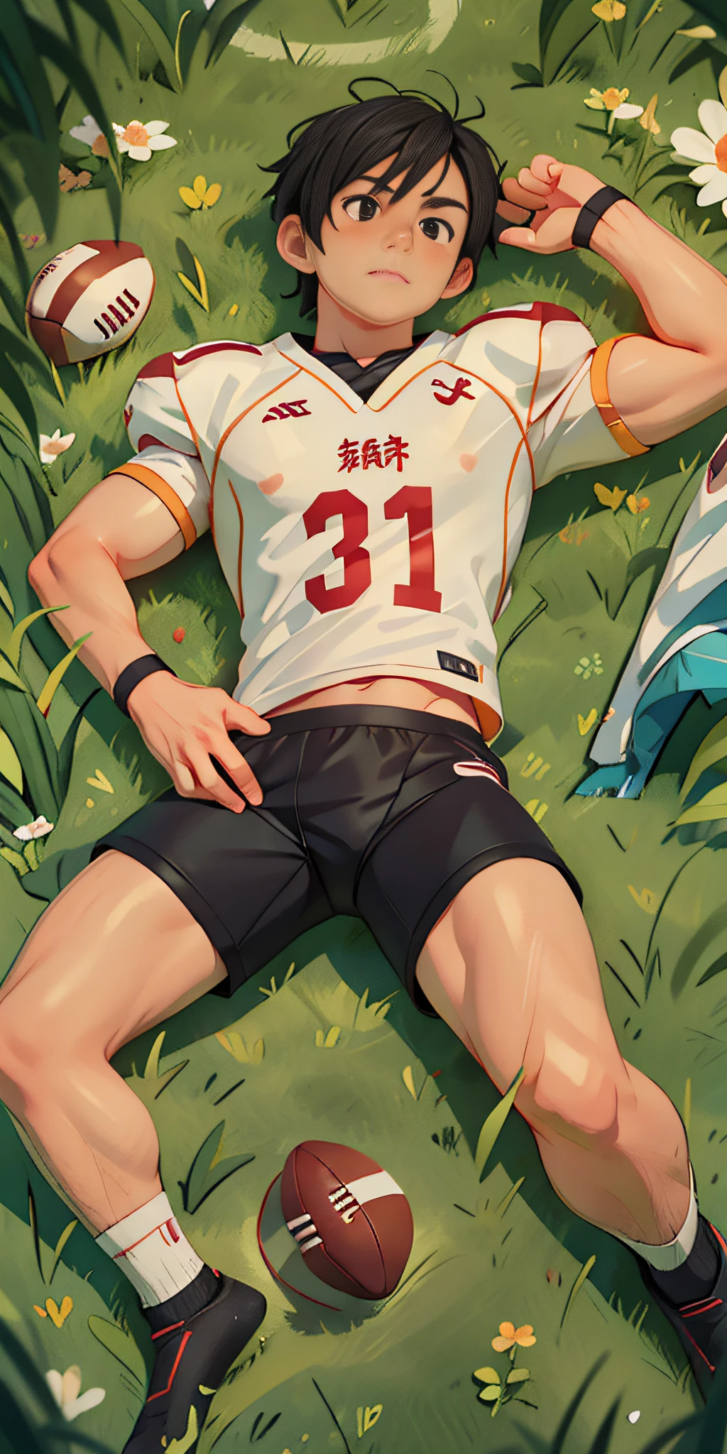 HD, masterpiece, high quality, illustration style, chinese man, muscular, bare-chested, full body, round face, black hair, short hair, (black eyes: 1), short sleeved shorts, white socks, football field, lying on green grass, football