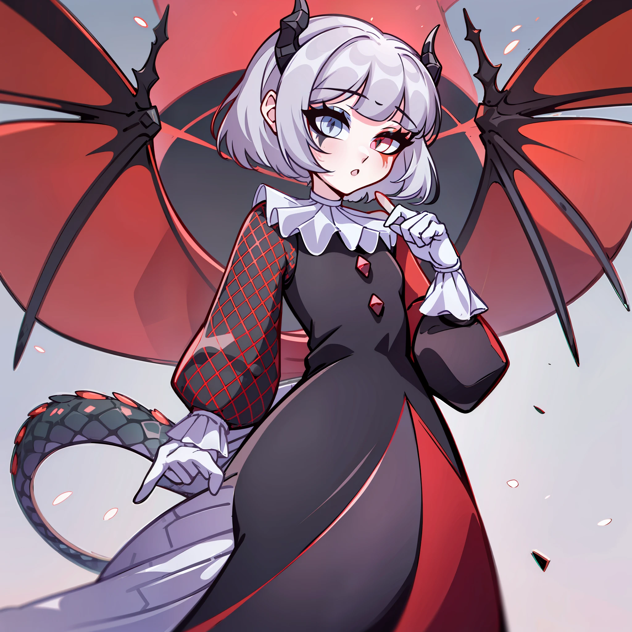 (Best quality: 1.0), (super high res: 1.0), extremely detailed character, detailed Hands, half-dragon girl, horns, scales on the neck, scales on the shoulders, scales on the forearm, scales on the cheek, girl with dragon's tail, dragon's tail, extremely detailed hair, short hair, ((white hair)), ((black locks)), extremely detailed eyes, eye with different colors, heterochromia, white right eye and the left being black, dragon eyes, 2d, anime art, (()), ((full body)), standing, medieval, rpg, small, cute