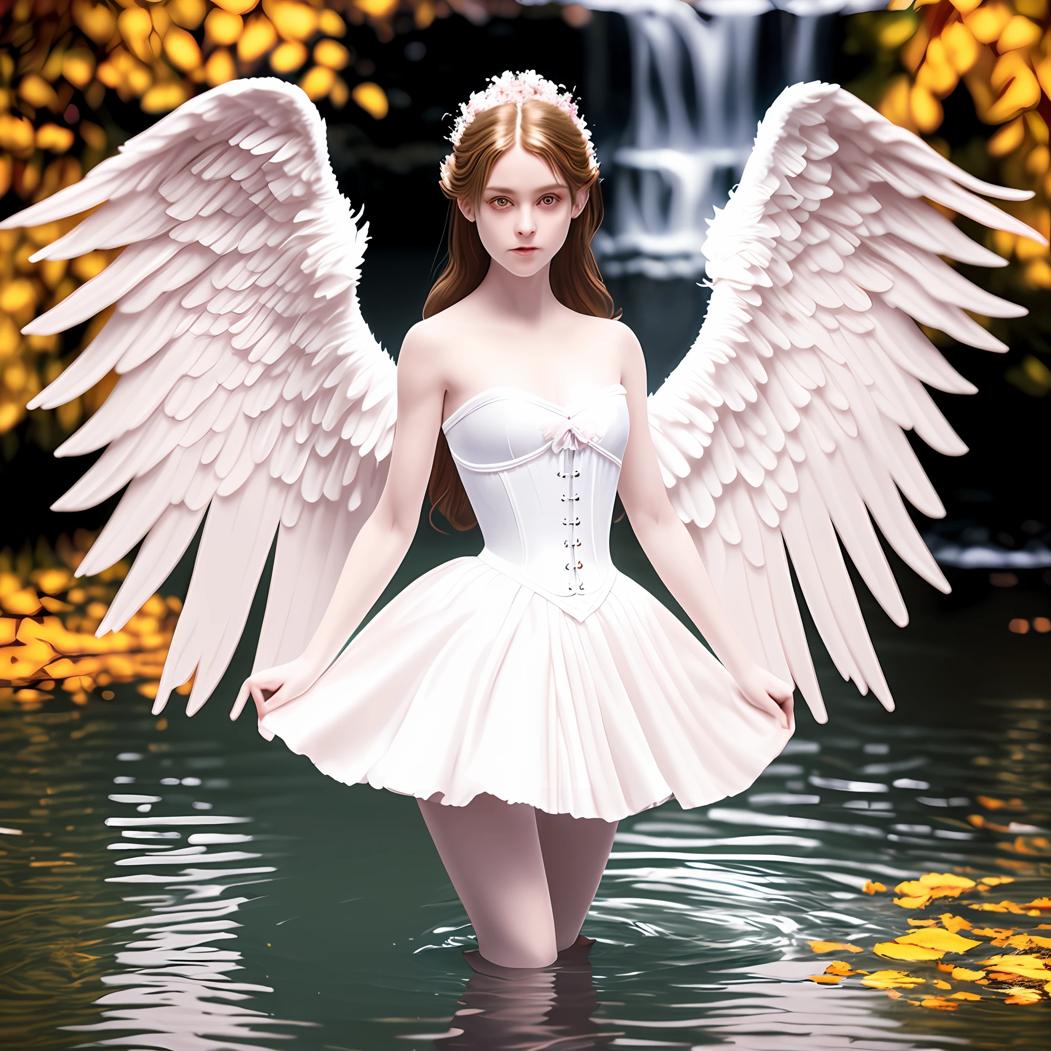 (8k, RAW photo, best quality, ultra detailed CG ,unity 8k wallpaper,masterpiece:1.2), a girl, 3d, ultra beautiful detailed eyes, Precise iris depiction,ultra-detailed, photo (Fall Angel style: 1) Digital painting of a white silk corset and a ballerina skirt standing in the water (Charming Angel: 1)