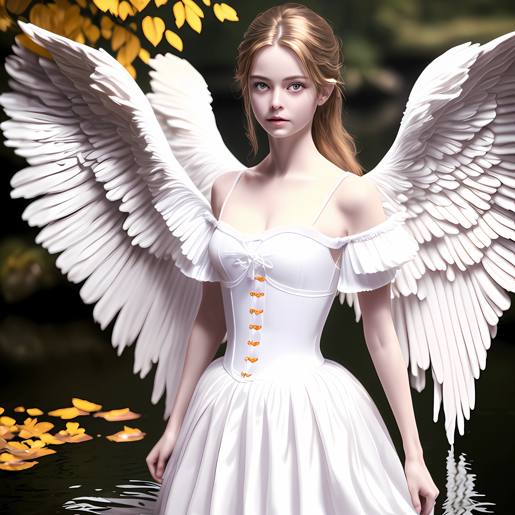 (8k, RAW photo, best quality, ultra detailed CG ,unity 8k wallpaper,masterpiece:1.2), a girl, 3d, ultra beautiful detailed eyes, Precise iris depiction,ultra-detailed, photo (Fall Angel style: 1) Digital painting of a white silk corset and a ballerina skirt standing in the water (Charming Angel: 1)