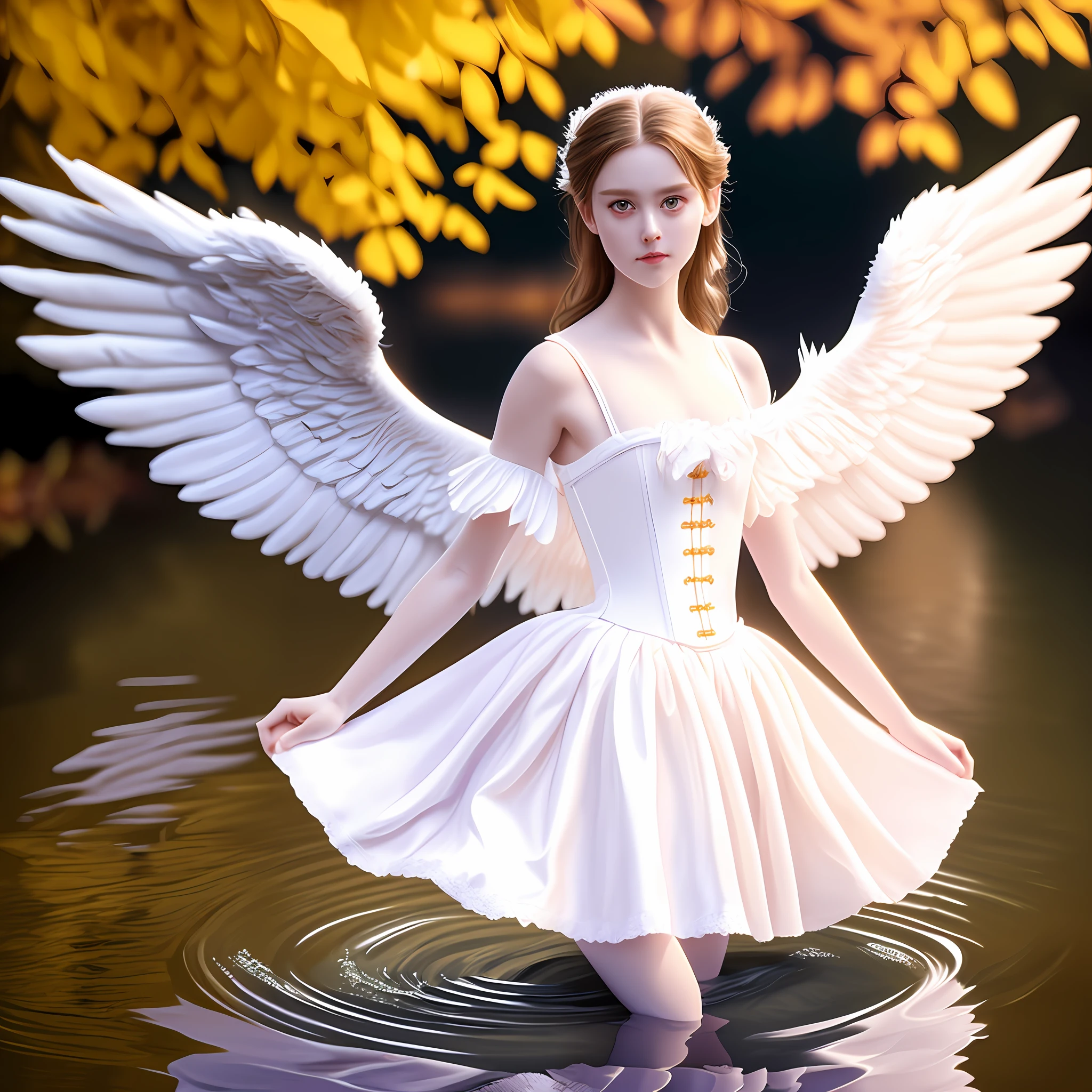 (8k, RAW photo, best quality, ultra detailed CG ,unity 8k wallpaper,masterpiece:1.2), a girl, 3d, ultra beautiful detailed eyes, Precise iris depiction,ultra-detailed, photo (Fall Angel style: 1) Digital painting of a white silk corset and a ballerina skirt standing in the water (Charming Angel: 1)