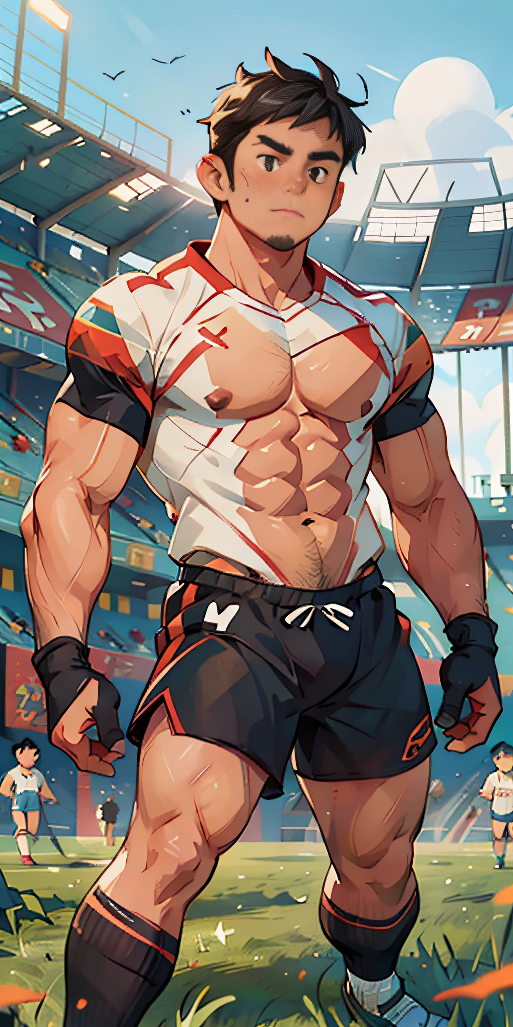 UHD, masterpiece, high quality, illustration style, chinese man, muscular, shirtless, full body, round face, black hair, short hair, black eyes, short sleeved shorts, white socks, football field, green grass, football