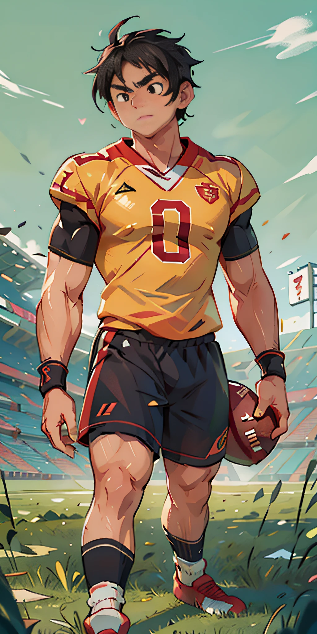 UHD, masterpiece, high quality, illustration style, chinese man, muscle, bare-chested, full body, black hair, short hair, black eyes, short sleeved shorts, white socks, football field, green grass, football