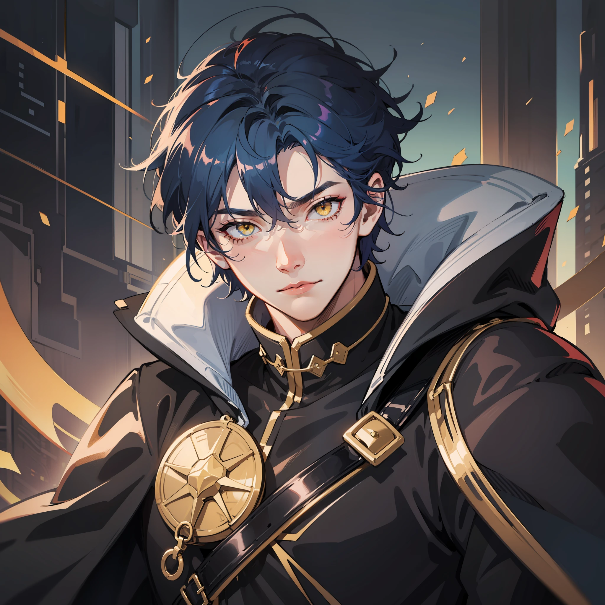(ridiculous, tall, super detailed), 1 male, broad shoulders, fine and detailed eyes, detailed background, detailed face, gloves, black leather coat, cape, belt, belt, closed mouth, dark blue hair, yellow eyes, (cat eyes), apathy