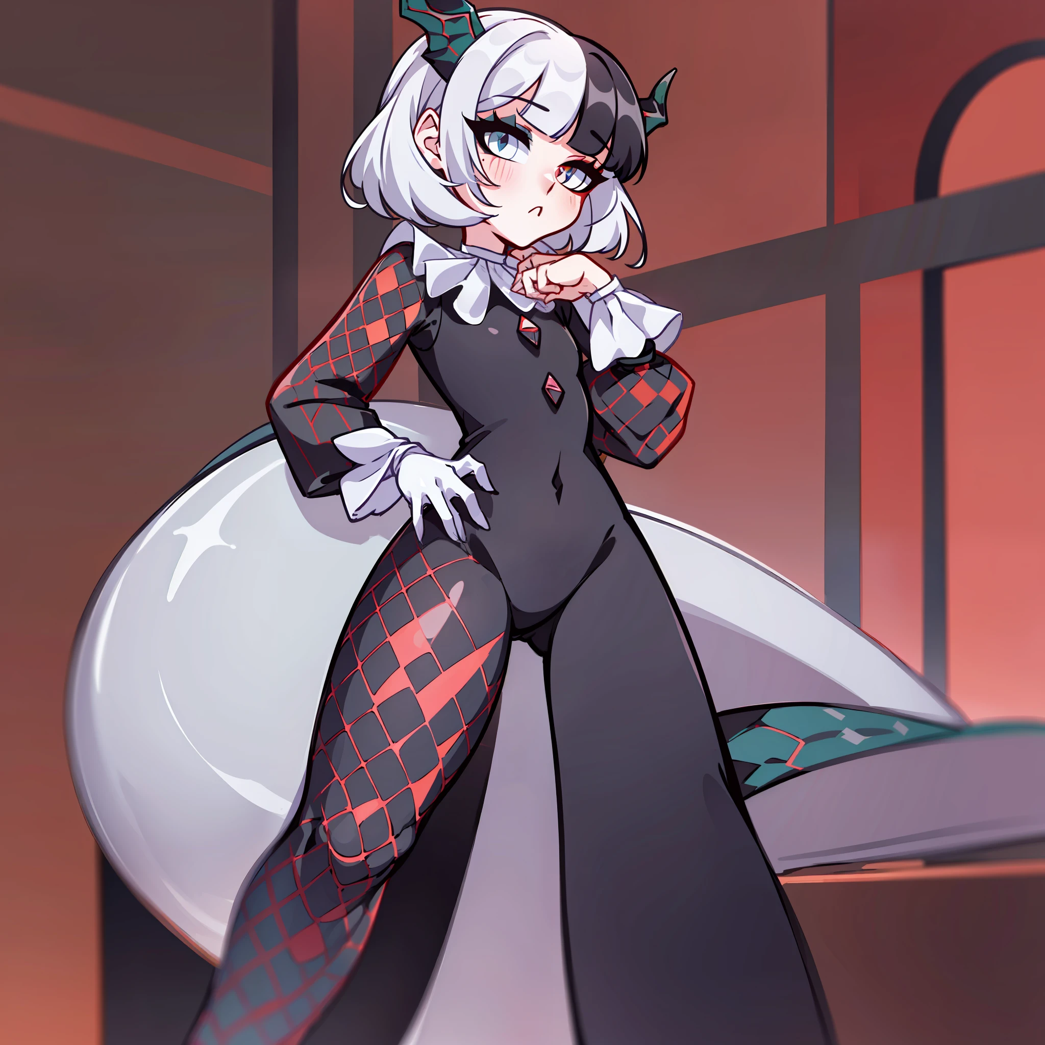 (Best quality: 1.0), (super high res: 1.0), extremely detailed character, detailed Hands, half-dragon girl, horns, scales on the neck, scales on the shoulders, scales on the forearm, scales on the cheek, girl with dragon's tail, dragon's tail, extremely detailed hair, short hair, ((white hair)), ((black locks)), extremely detailed eyes, eye with different colors, heterochromia, white right eye and the left being black, dragon eyes, 2d, anime art, (()), ((full body)), standing, medieval, rpg, small, cute