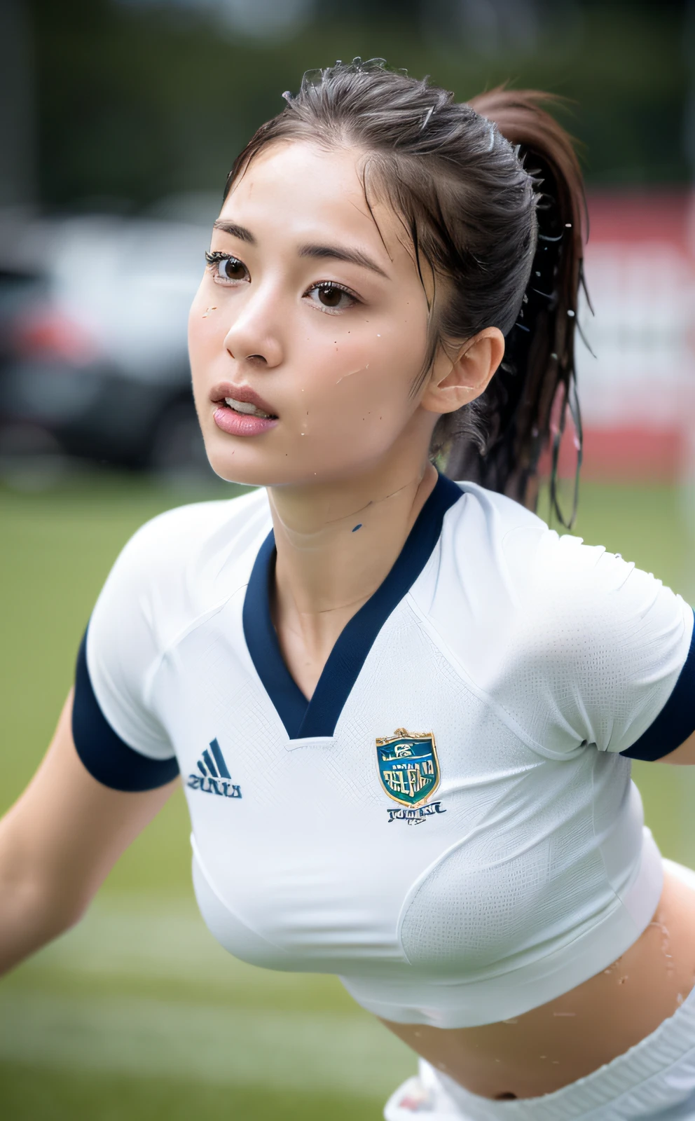 Hasselblad Camera, RAW Photography, (Real: 1.2), 1girl, (Beautiful and Attractive: 1.4), Ponytail Twist, White Sports Bust, White Sports Shorts, White Sneakers, Detailed Face, Beautiful Eyes, (Perfect Body: 1.2), Wet Shirt, Wet Body, (Details: 1.2), 8k Ultra HD, (Rugby: 1.5)