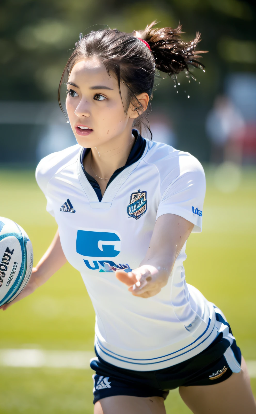 Hasselblad Camera, RAW Photography, (Real: 1.2), 1girl, (Beautiful and Attractive: 1.4), Ponytail Twist, White Sports Bust, White Sports Shorts, White Sneakers, Detailed Face, Beautiful Eyes, (Perfect Body: 1.2), Wet Shirt, Wet Body, (Details: 1.2), 8k Ultra HD, (Rugby: 1.5)
