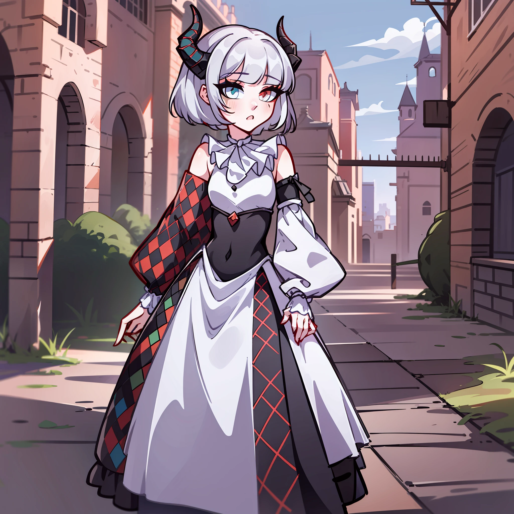 (Best quality: 1.0), (super high res: 1.0), extremely detailed character, detailed Hands, half-dragon girl, horns, scales on the neck, scales on the shoulders, scales on the forearm, scales on the cheek, girl with dragon's tail, dragon's tail, extremely detailed hair, short hair, ((white hair)), ((black locks)), extremely detailed eyes, eye with different colors, heterochromia, white right eye and the left being black, dragon eyes, 2d, anime art, (()), ((full body)), standing, medieval, rpg, small, cute