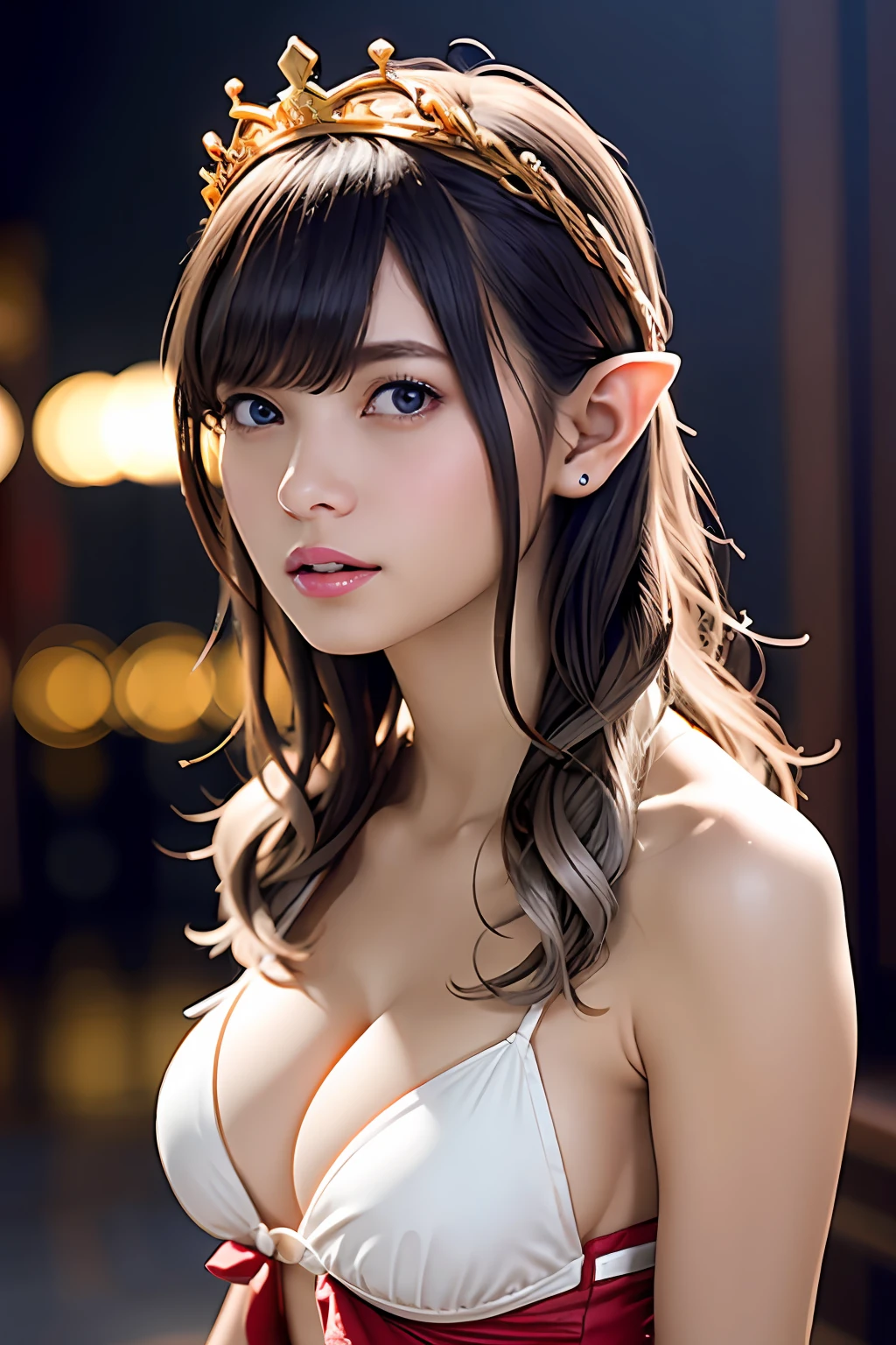 Ultra-detailed complex 3D rendering of the face, (Colossal: 7.8), (masterpiece, top quality, octane rendering, 8K), glamour shot full body image, very beautiful young elf, cleavage, (very detailed skin: 1.2), (exposure: 1.1), brown hair, (skewed silvery micro bikini, : 1.5)), one beautiful Caucasian woman, with full soft breasts and dark skin with big buttocks, Long braided hair, big breasts, dynamic angles, mystical expressions, ultra-realistic photos, ((((portrait))), bare feet, futuristic urban background, facial muscles, detailed and beautiful queen gold crown, in the style of Marvel Comics, ArtStation trends, clear focus, studio photography, intricate details, very detailed, detailed red eyes, very detailed, Sharp Focus, Digital Rendering, Professional, Abs, Dark Grey Background, ((((Sexy Pose))))