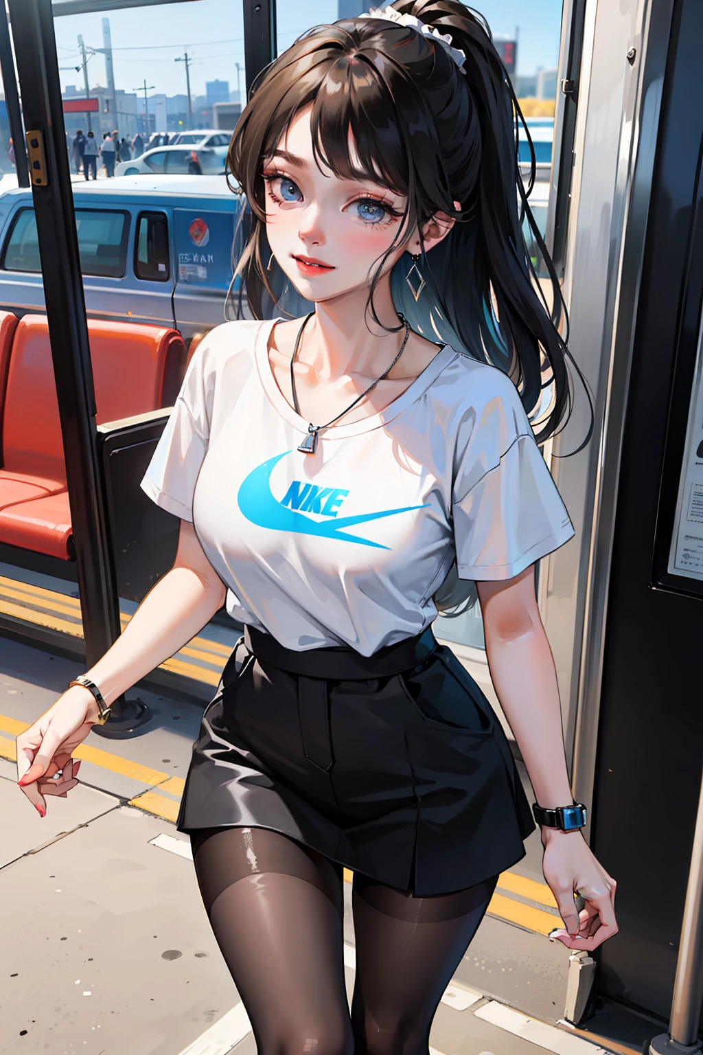 (Best quality, 8k, masterpiece), (a pretty girl, pure black long hair, princess cut, Hime hairstyle, hair edges are neat, big eyes: 1.2, long eyelashes, delicate makeup: 1.2, blush), (delicate watch, delicate necklace, large earrings), (caught in the subway train, standing, subway station etc.), (fashionable outfit, leopard print shorts on the outside, white T-shirt on the inside, Nike, black fashion sunglasses hanging on the clothes), (medium chest, stiff), ( Black Oil Glossy Clear Pantyhose), (High-waisted Skirt), Light Ripen, Royal Sister, Best Light, Best Shadow, Movie Lighting, 28 Years Old, 1girl, Acura, (Real Skin, Supple Skin) Ray Tracing, Unreal Engine 5, Reflective Skin, Digital Illustration, Game CG Characters, Supermodel, (Kpop, idol), (Body Edge Light, Colored Light Sources Around), Wind Blowing Hair, Listening to Songs with Headphones, (Looking at the Camera with a shy smile, happy expression), (thin waist, wide hips, buttocks), close-up