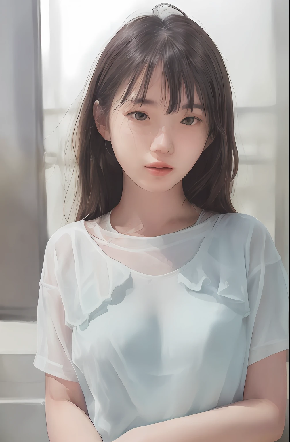 (Masterpiece, Real: 1.4), (Very complex: 1.2), (Upper body: 1.2), (From the front: 1.3), in silk underwear (light blue), shoulder straps hanging on one arm with one shoulder strap, long hair, chest, hotel, looking at the viewer, the expression is a little embarrassed Japan about , fashionable makeup, head tilted, sitting in the middle of the bed of the hotel's elegant snow-white sheets, 1 girl, solo, Ultra High Resolution, 8K UHD, Film Grain, Perfect Anatomy, Exquisitely Detailed Skin, Best Shadows, Delicate, High Resolution